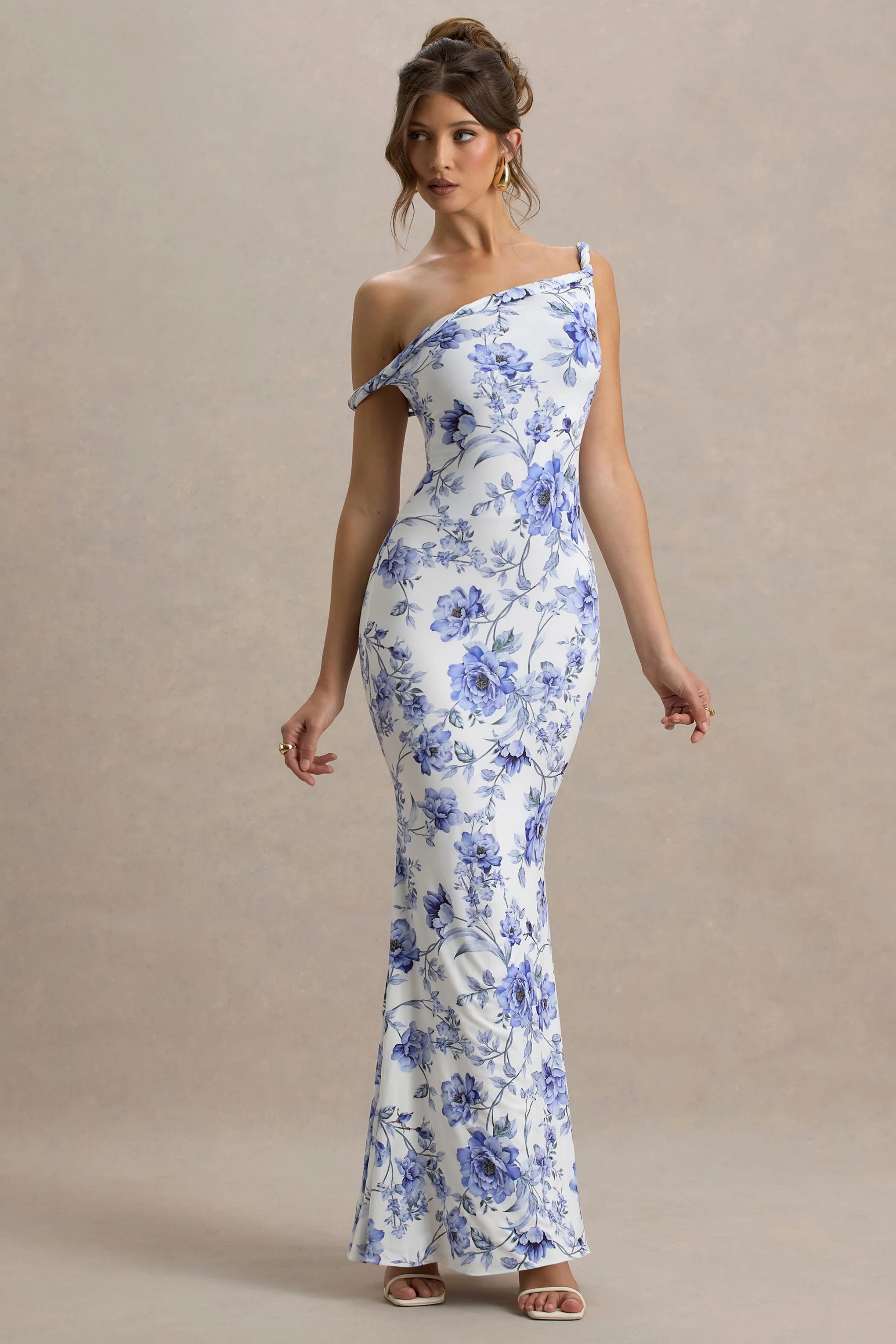 Lita | Robe longue asymétrique torsadée à imprimé floral bleu - Image 5
