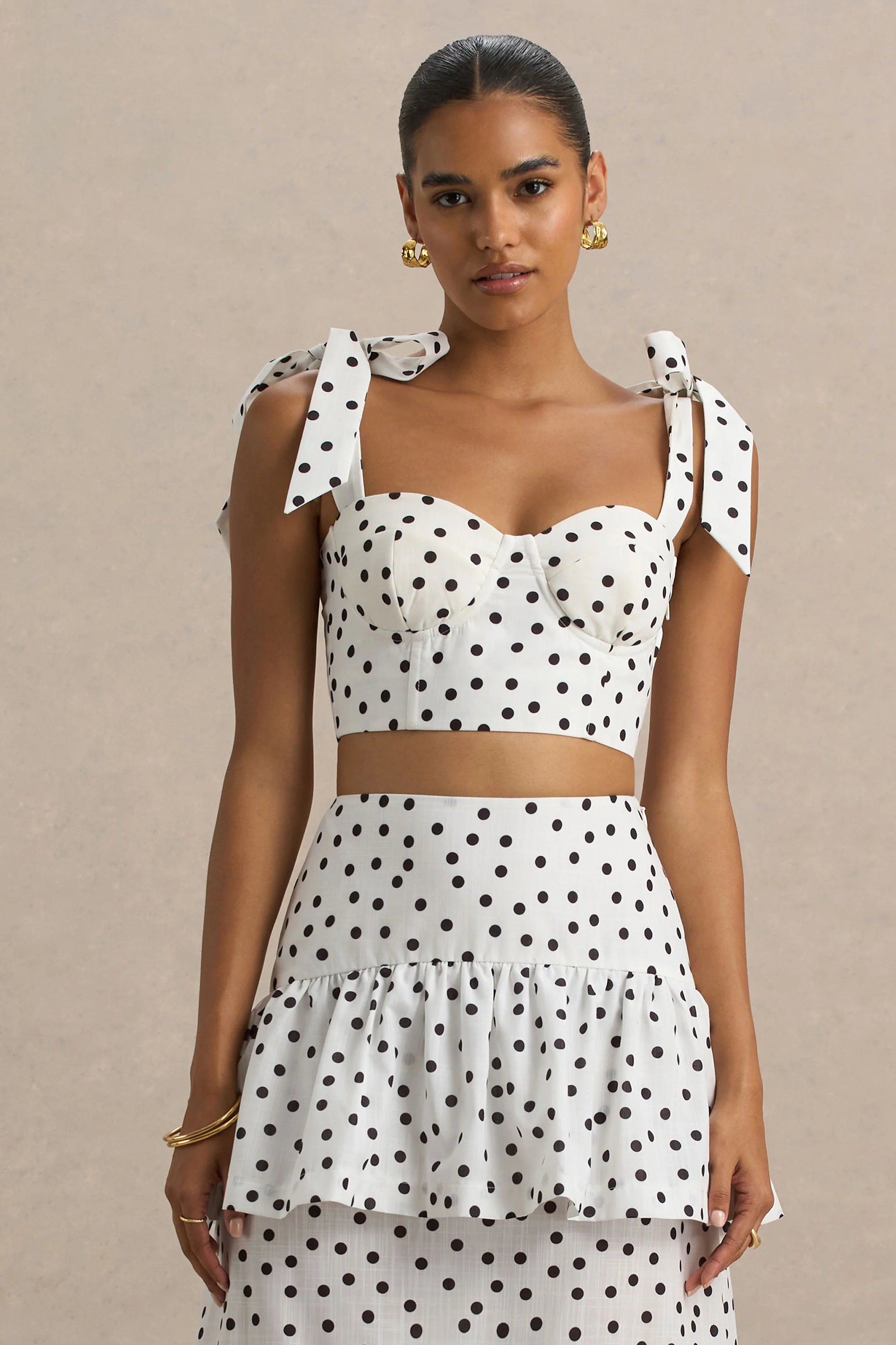 Lumen | Top corset blanc à pois avec décolleté cœur et bretelles à nœuds - Image 3