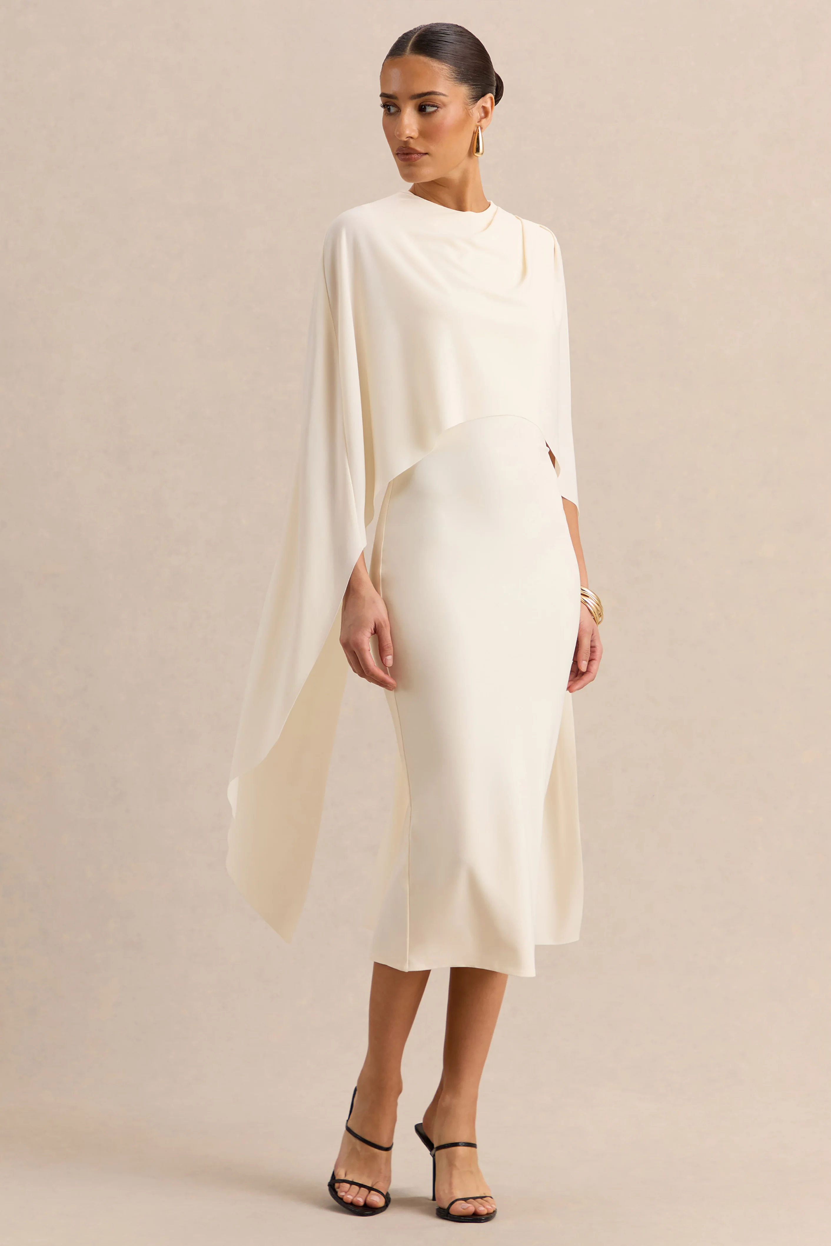 Luxalyn | Robe mi-longue crème à encolure ronde avec détail cape - Image 4