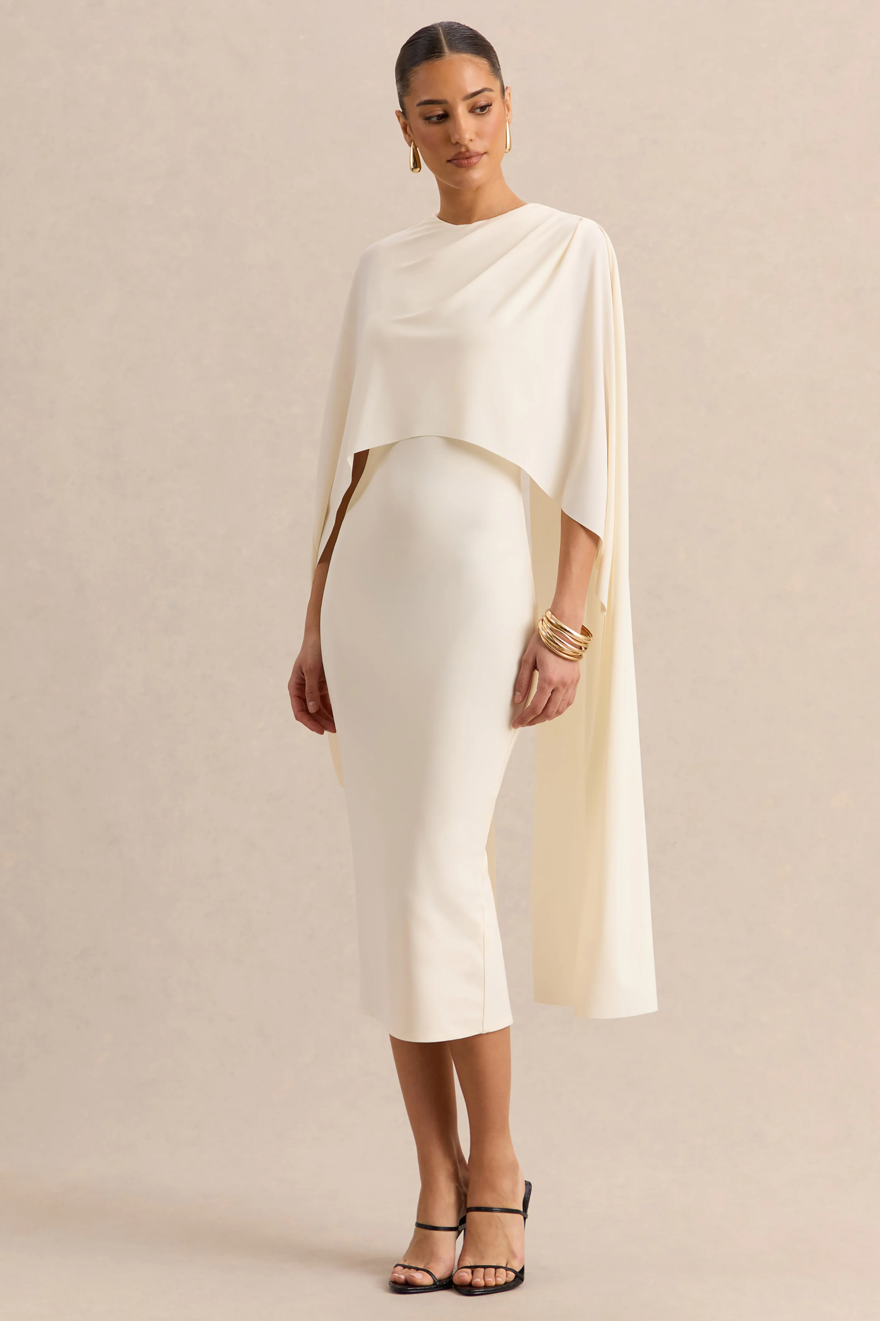 Luxalyn | Robe mi-longue crème à encolure ronde avec détail cape - Image 6