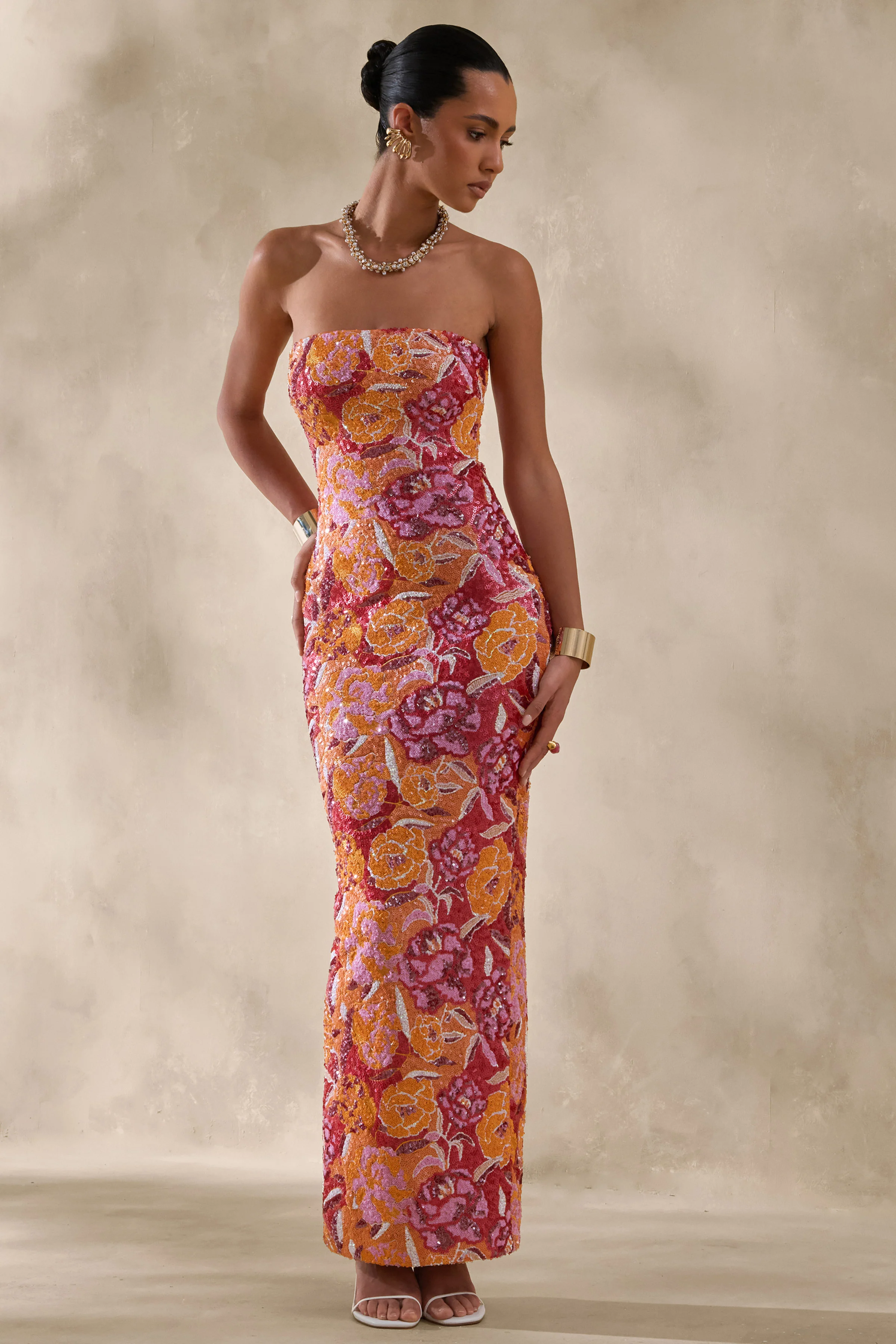 Mabel | Robe longue bandeau en sequins floraux orange