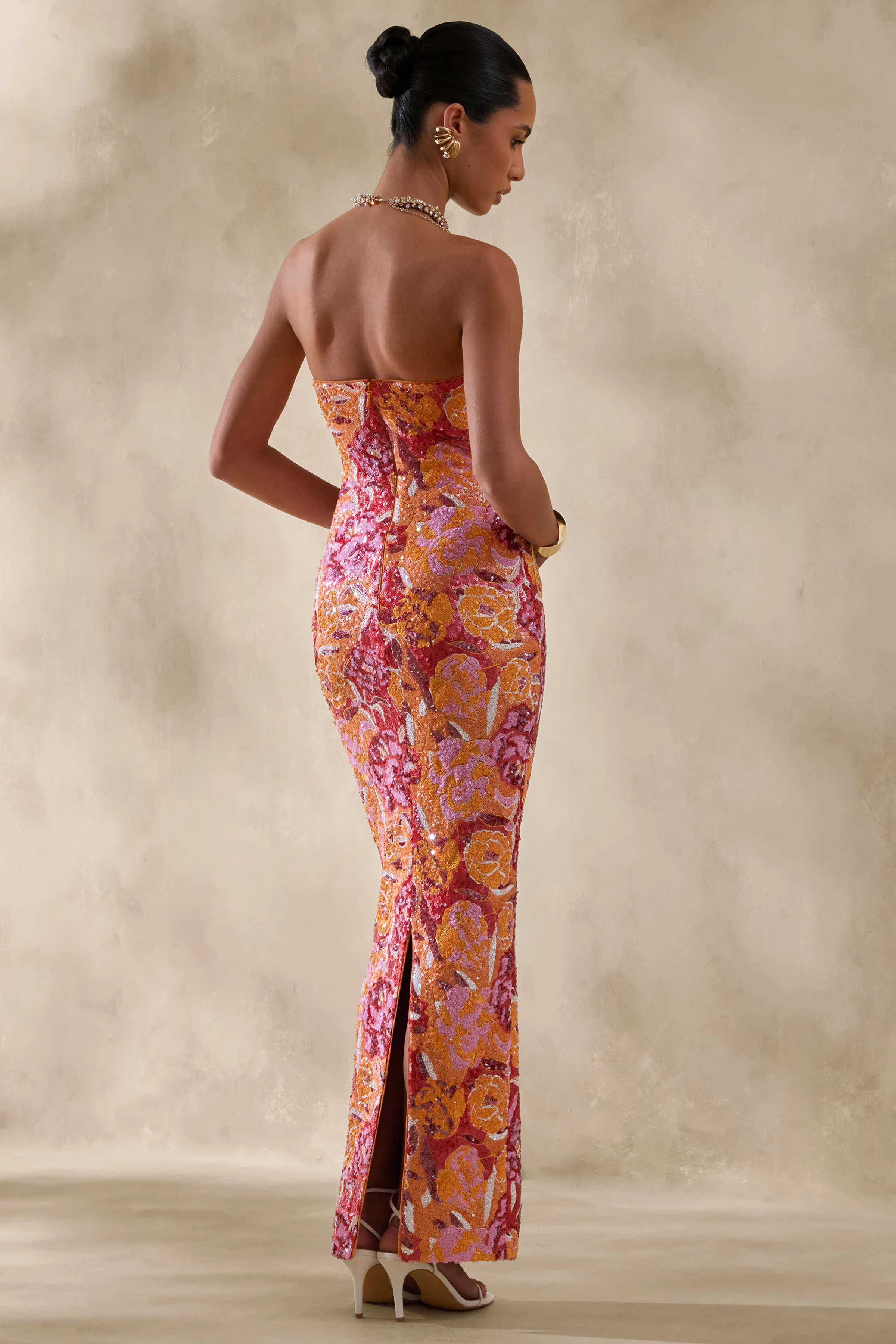 Mabel | Robe longue bandeau en sequins floraux orange - Image 3