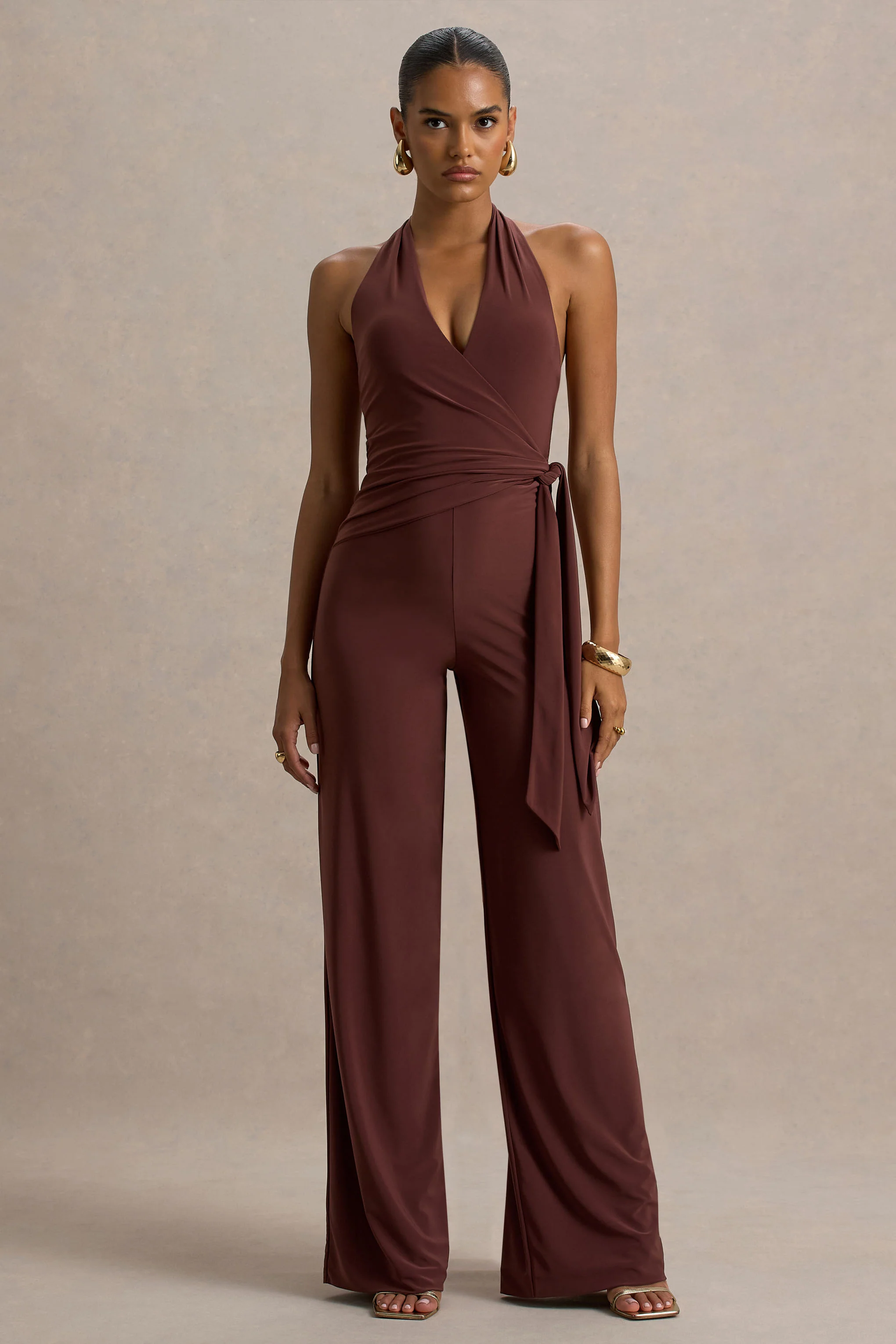 Marlais | Combinaison Chocolat à Décolleté Plongeant avec Taille Nouée - Image 4