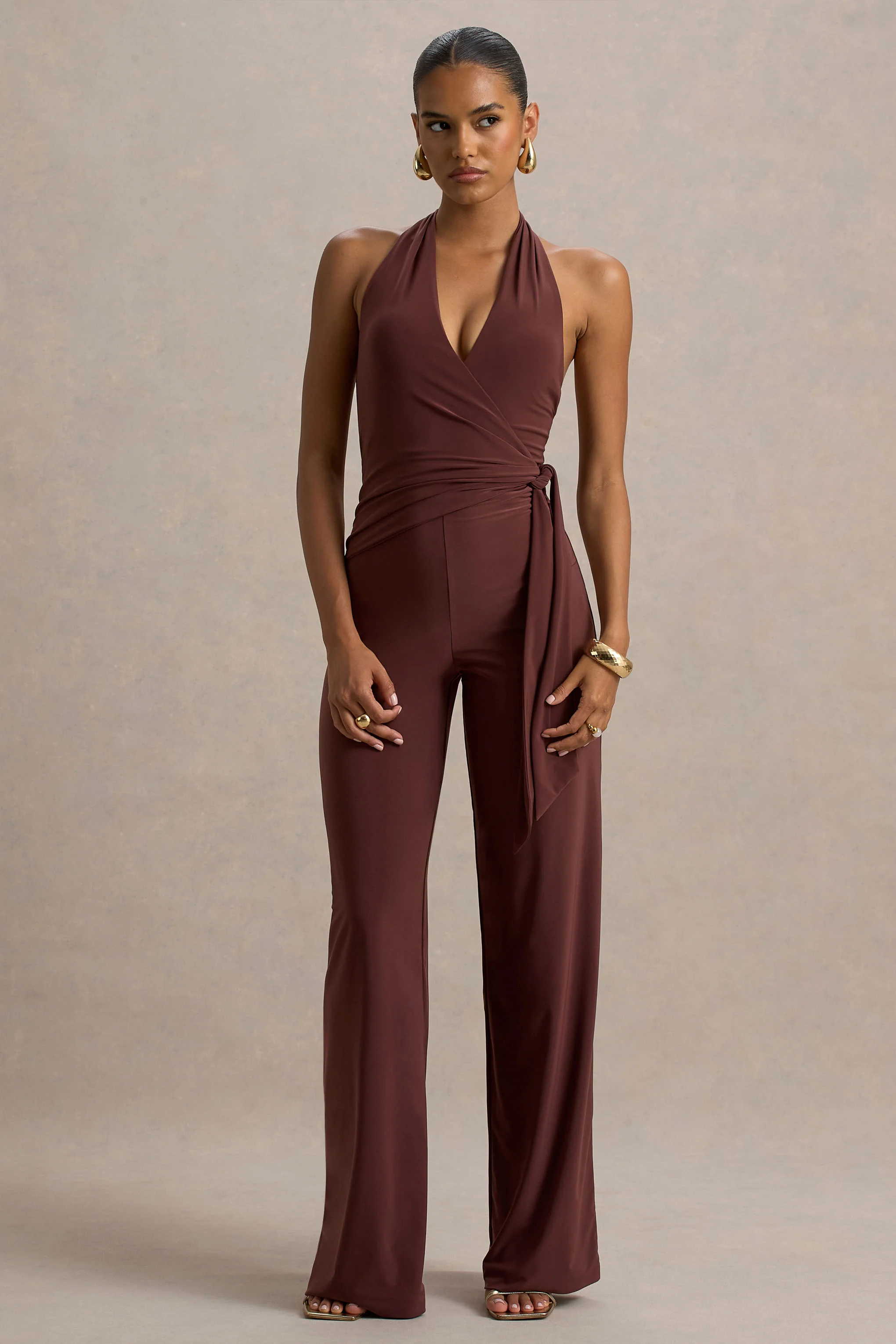Marlais | Combinaison Chocolat à Décolleté Plongeant avec Taille Nouée - Image 5