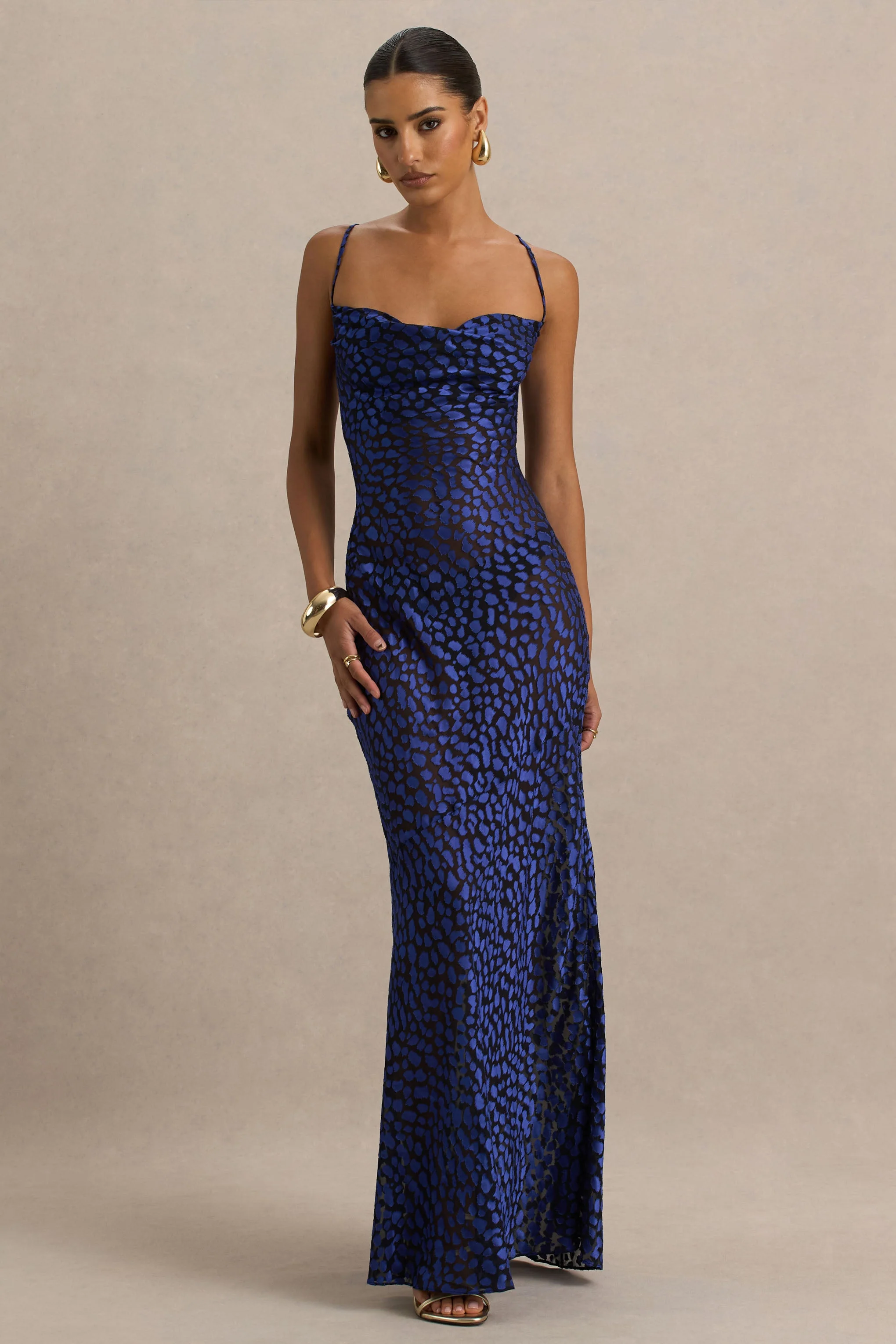 Marya | Robe longue à col bénitier imprimé léopard bleu - Image 2