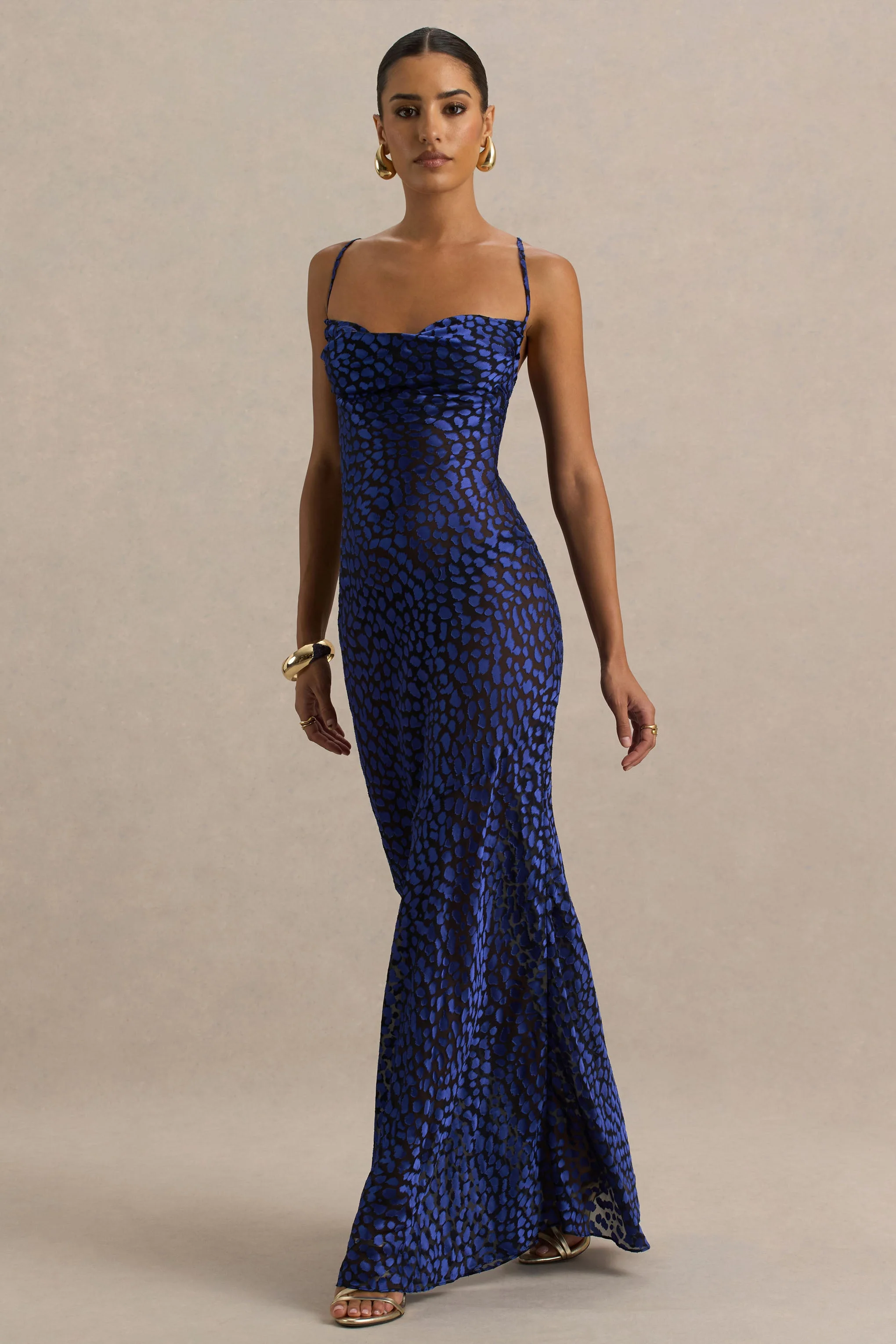 Marya | Robe longue à col bénitier imprimé léopard bleu - Image 4