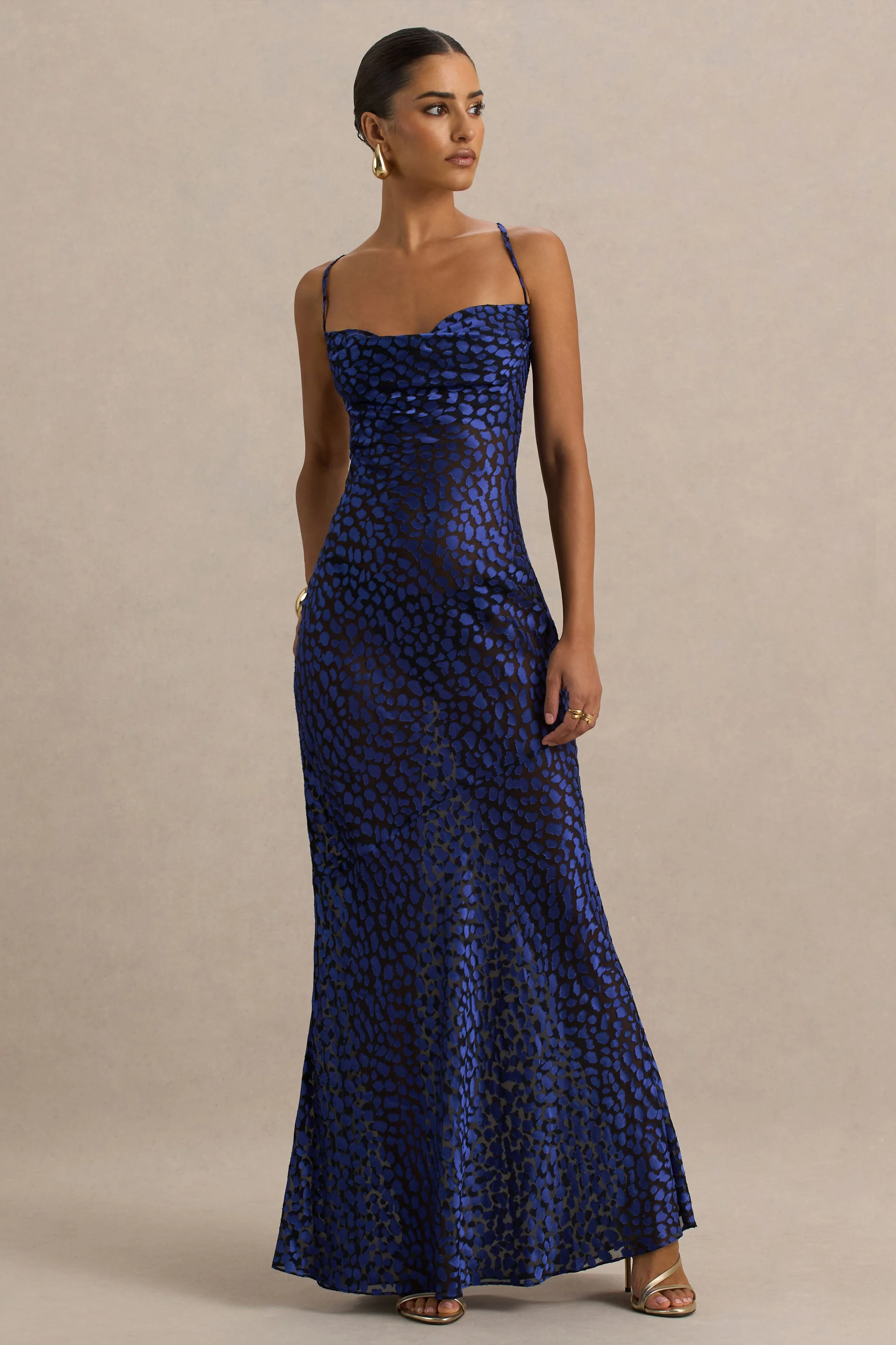 Marya | Robe longue à col bénitier imprimé léopard bleu - Image 5