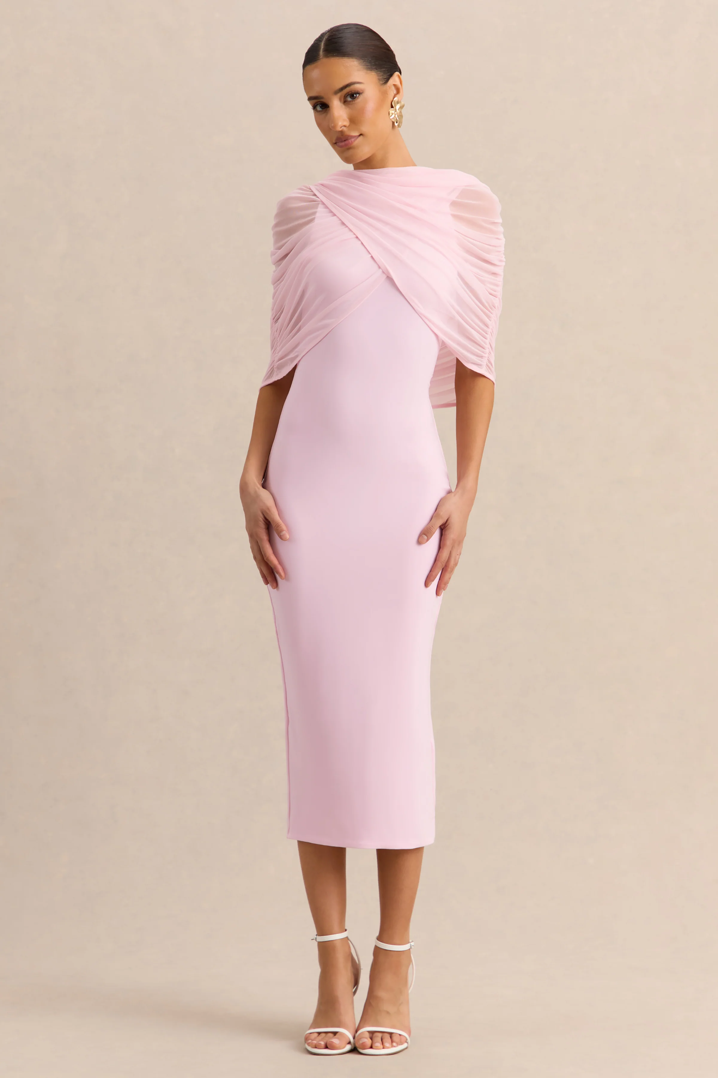 Mirana | Robe mi-longue rose clair à encolure haute