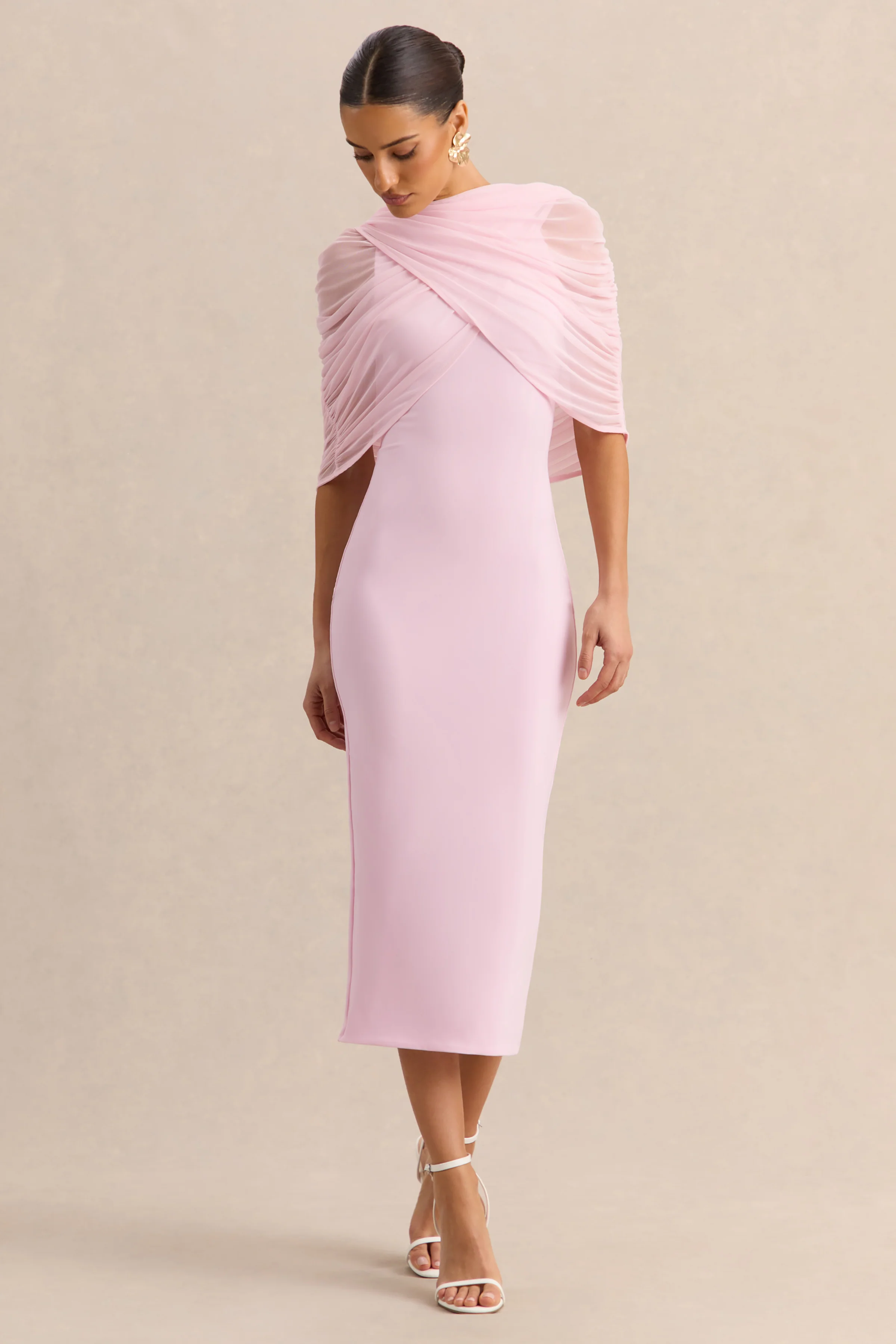 Mirana | Robe mi-longue rose clair à encolure haute - Image 6