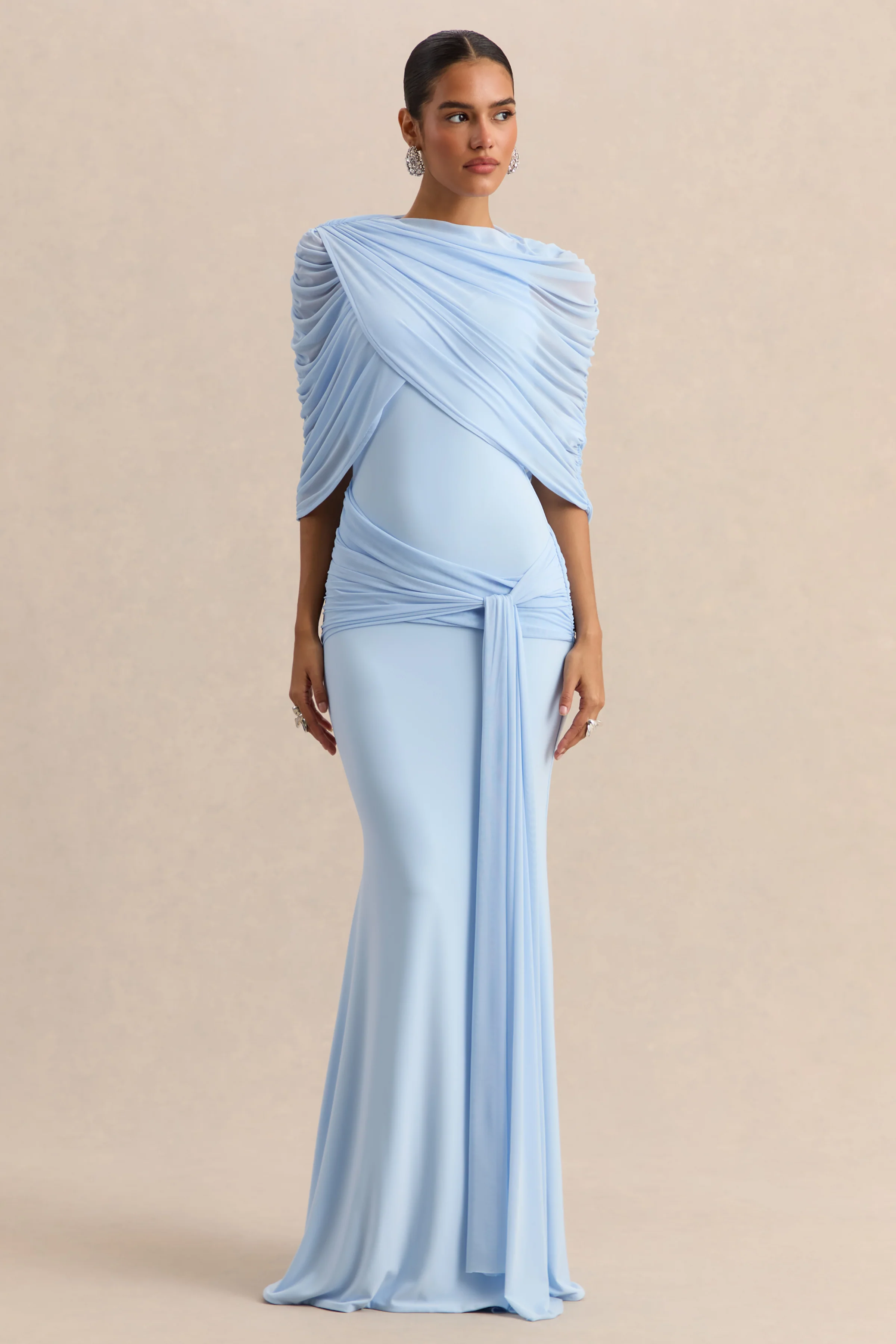 Mirene | Robe longue bleu poudré à encolure ronde avec détails froncés et ceinture fluide - Image 8