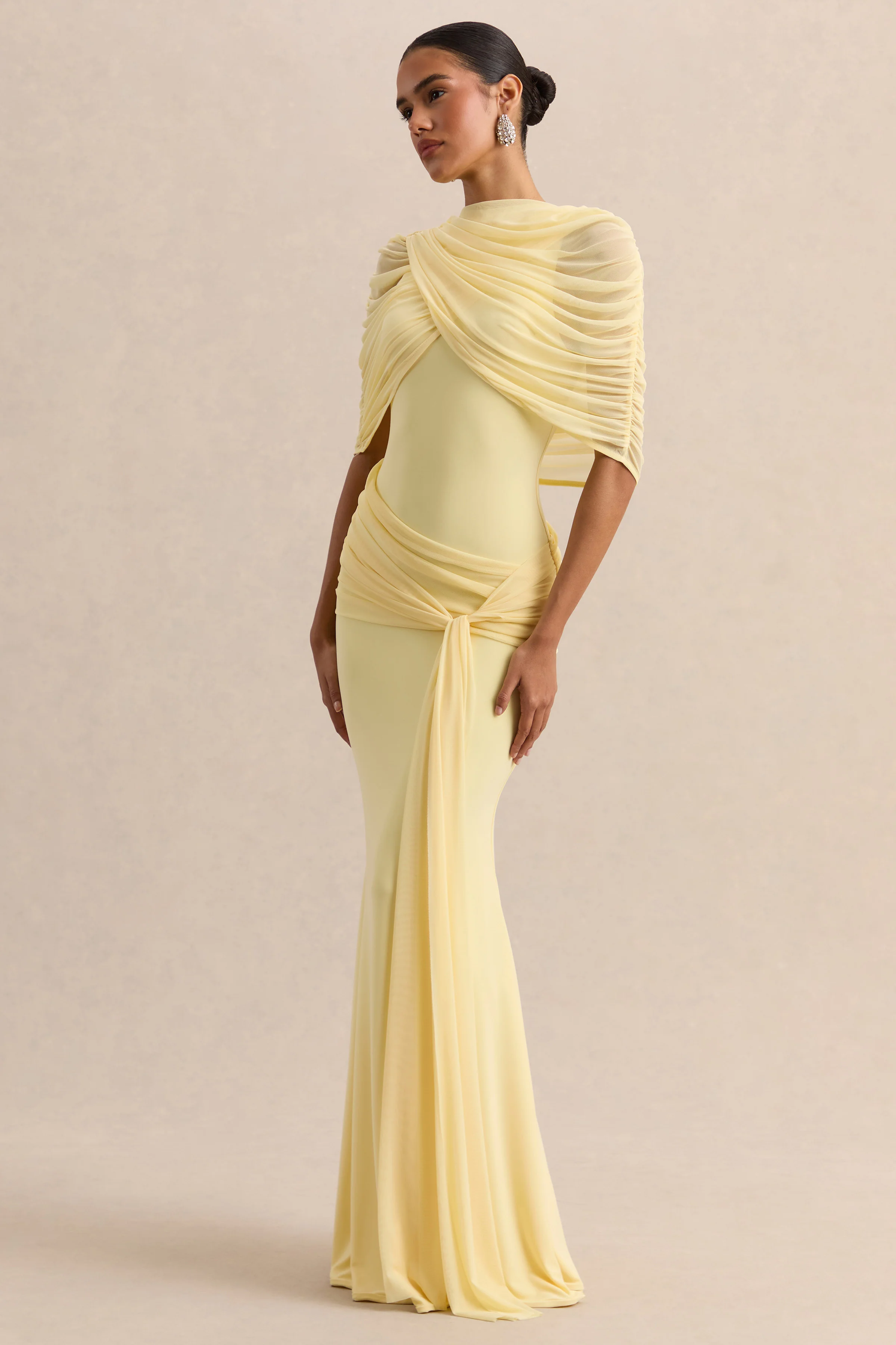 Mirene | Robe longue citron à encolure ronde avec détails froncés et ceinture fluide
