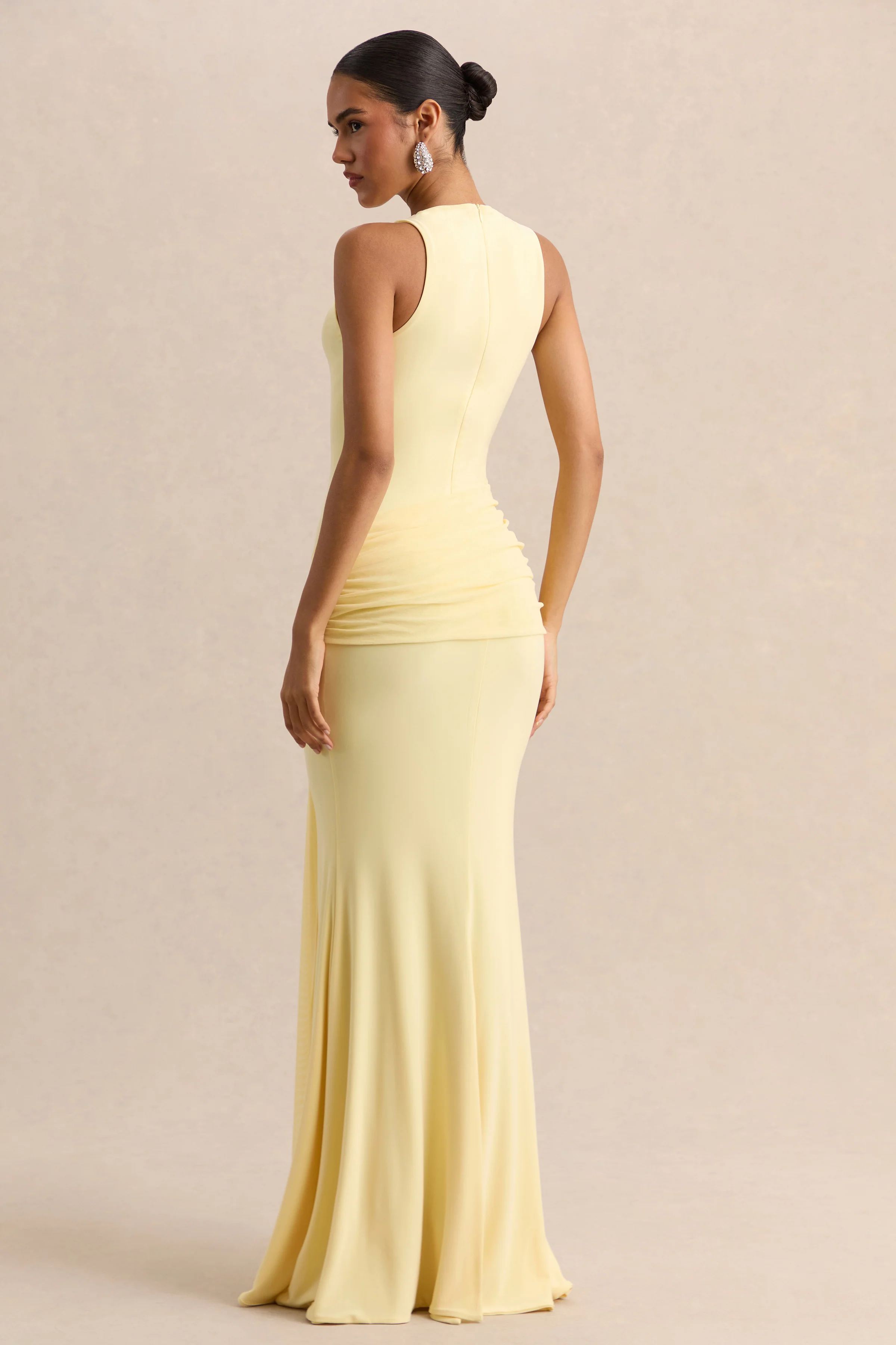 Mirene | Robe longue citron à encolure ronde avec détails froncés et ceinture fluide - Image 2