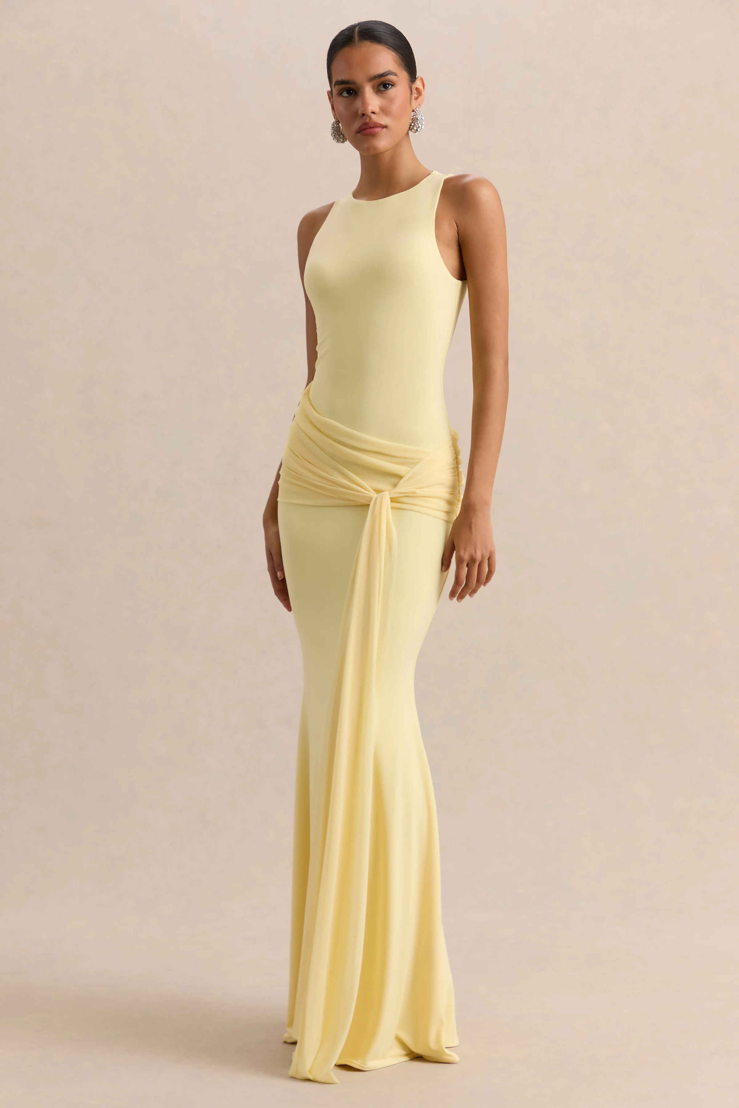 Mirene | Robe longue citron à encolure ronde avec détails froncés et ceinture fluide - Image 4
