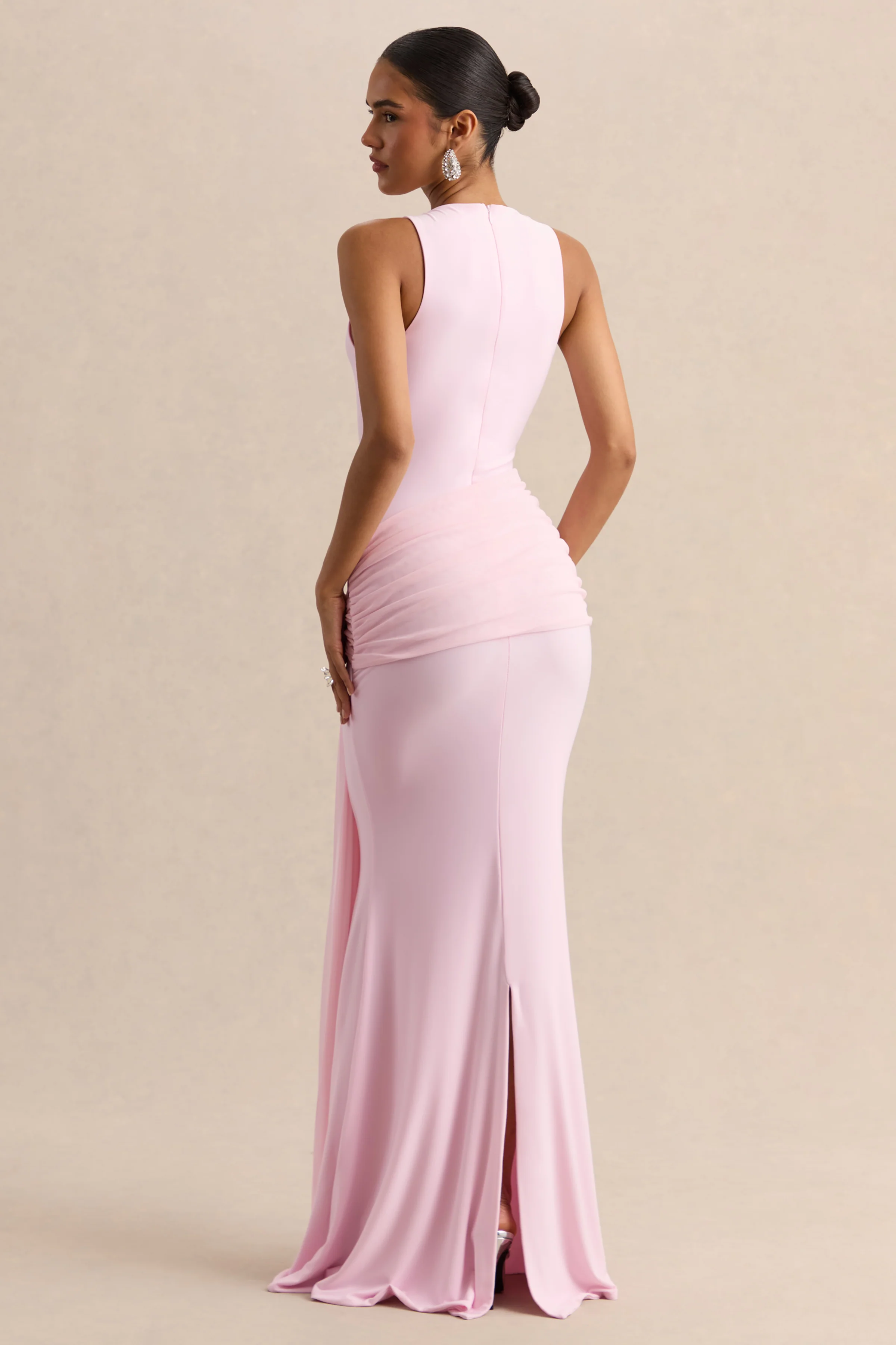 Mirene | Robe longue rose clair à encolure ronde avec détails froncés et ceinture fluide - Image 3