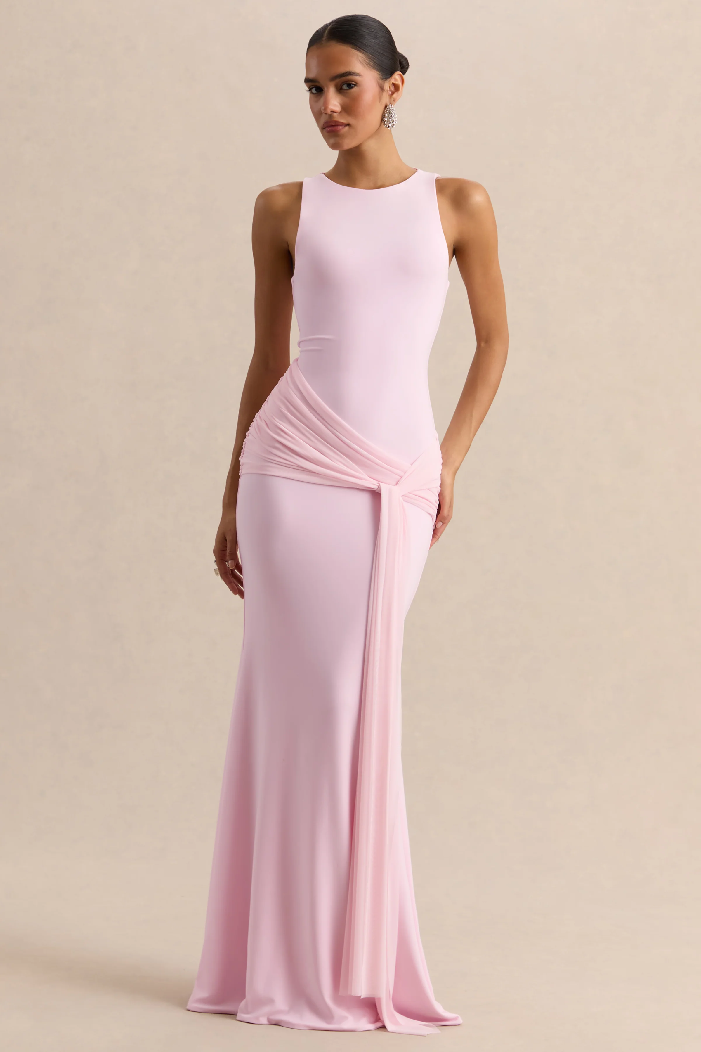 Mirene | Robe longue rose clair à encolure ronde avec détails froncés et ceinture fluide - Image 8