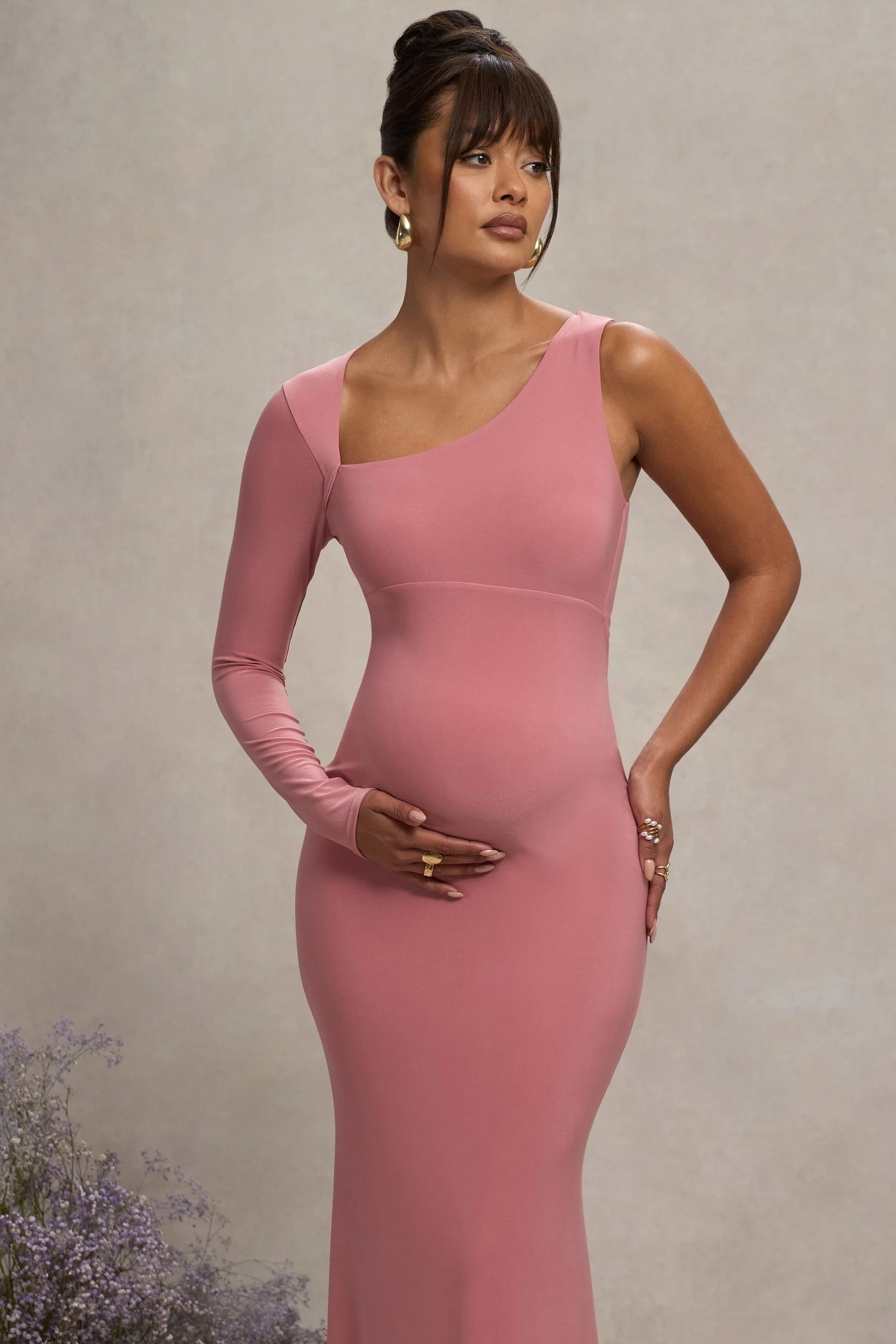 Oh Baby | Robe longue de maternite blush une epaule - Image 4