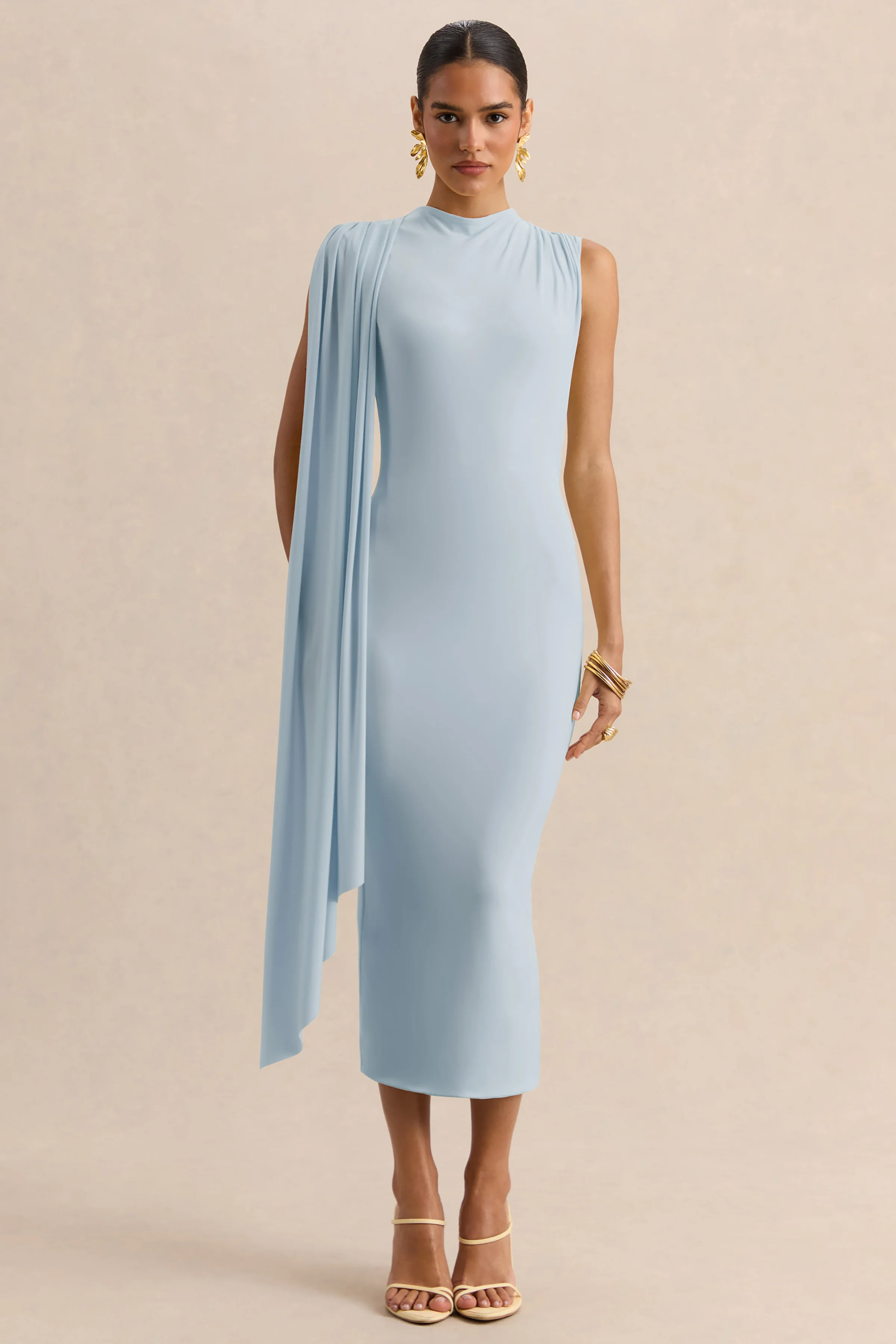 Oleandra | Robe mi-longue bleu clair à encolure haute avec détail drapé
