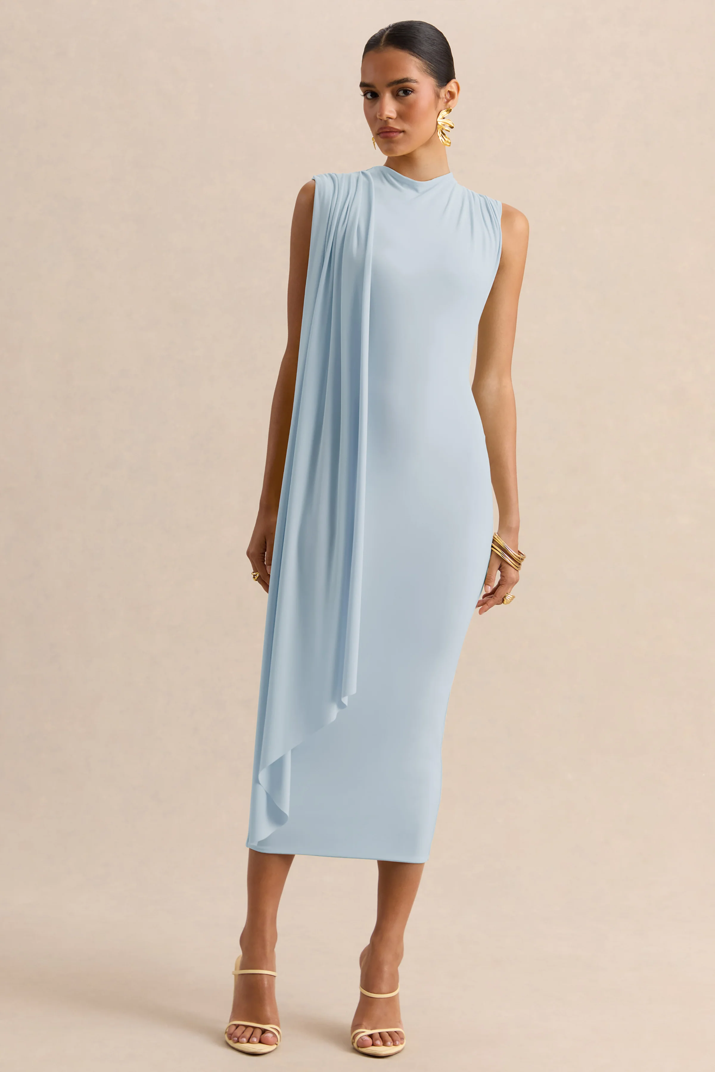 Oleandra | Robe mi-longue bleu clair à encolure haute avec détail drapé - Image 6