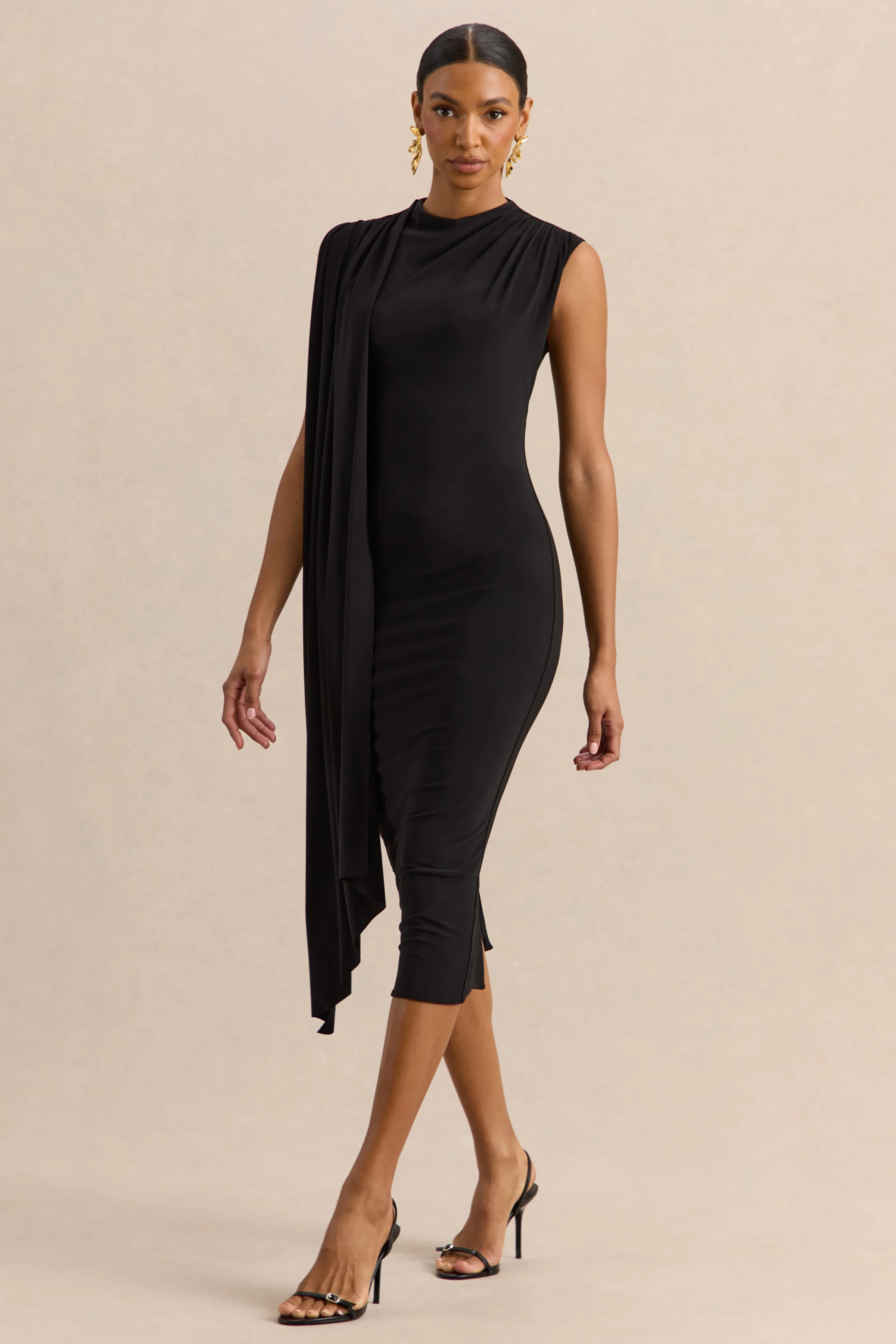 Oleandra | Robe mi-longue noire à encolure haute avec détail drapé - Image 4