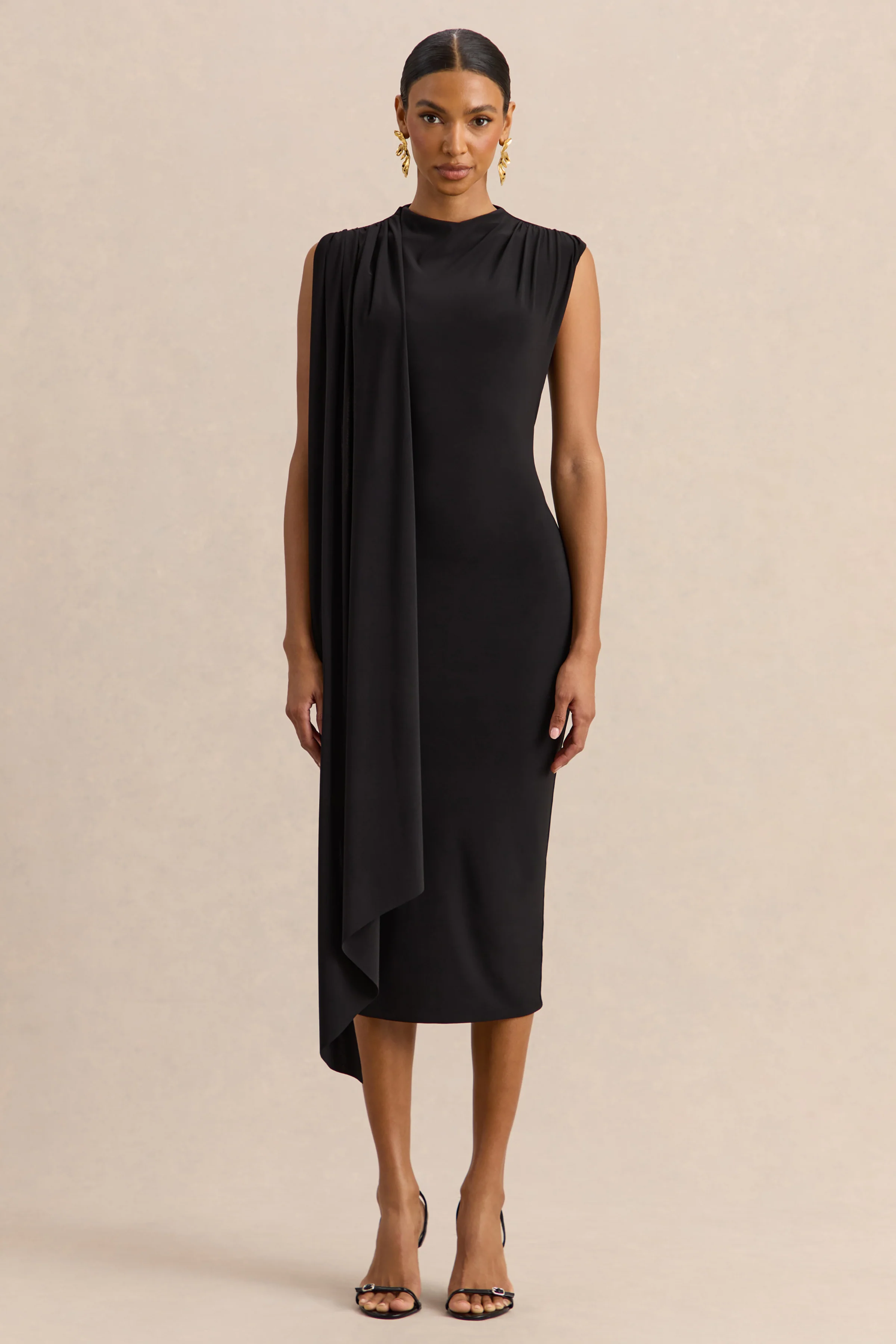 Oleandra | Robe mi-longue noire à encolure haute avec détail drapé - Image 5