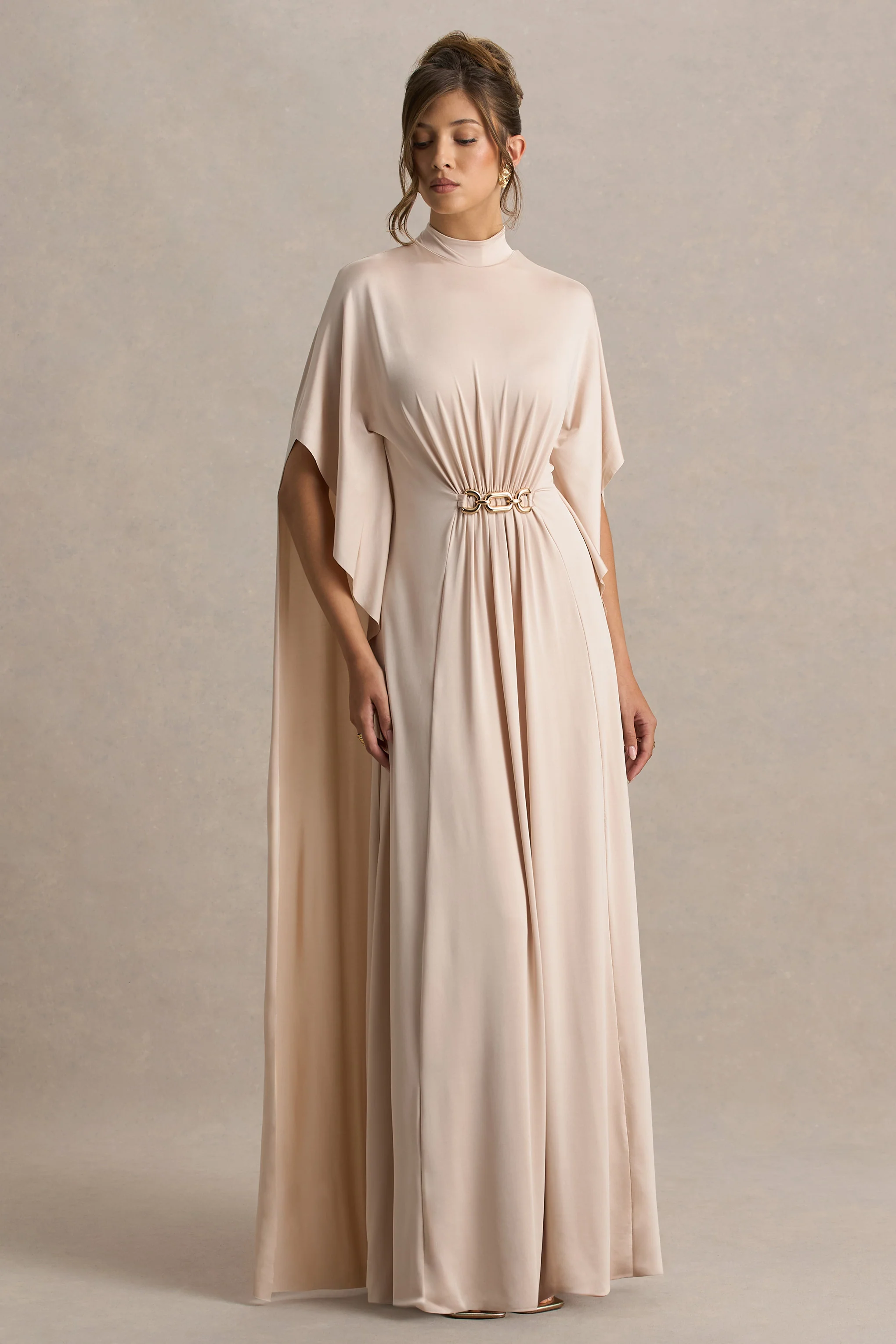 Olessia | Robe longue à Manches Cape Froncées avec Ceinture en Champagne - Image 4