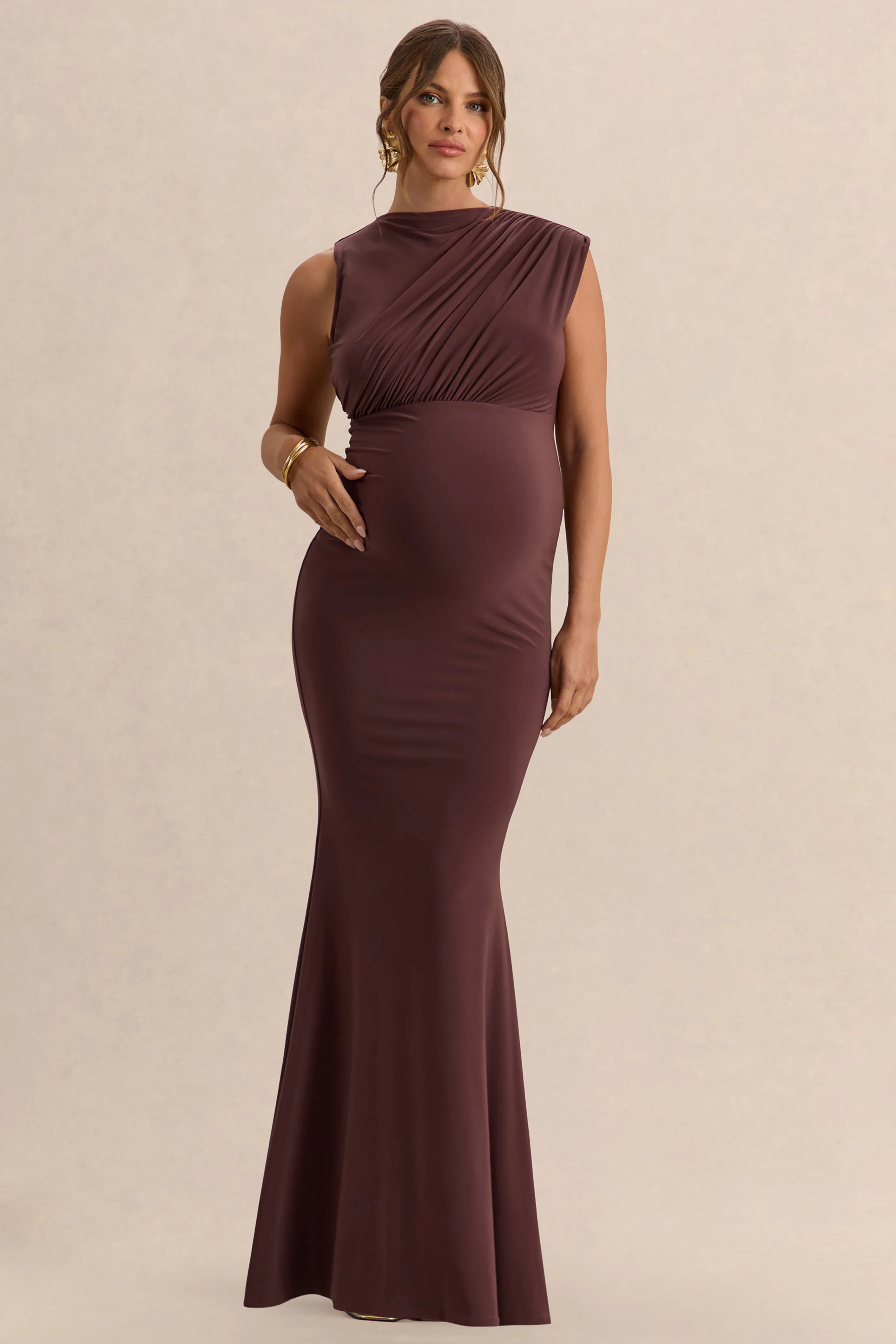 Osanna | Robe longue de maternité marron foncé à encolure large avec détails froncés - Image 5