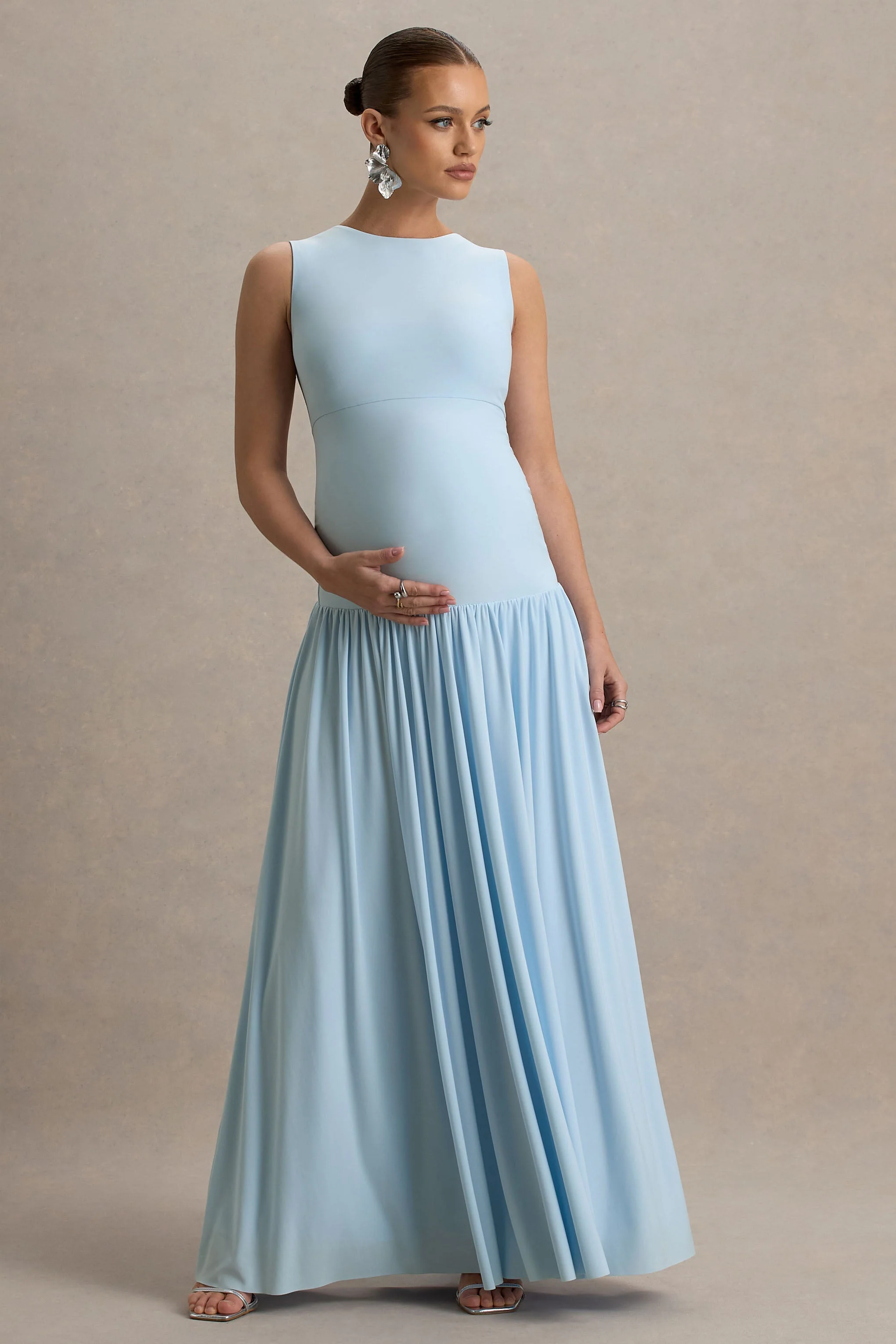 Outline | Robe Longue De Maternité Bleu Poudré à Col Haut avec Jupe Drapée - Image 5