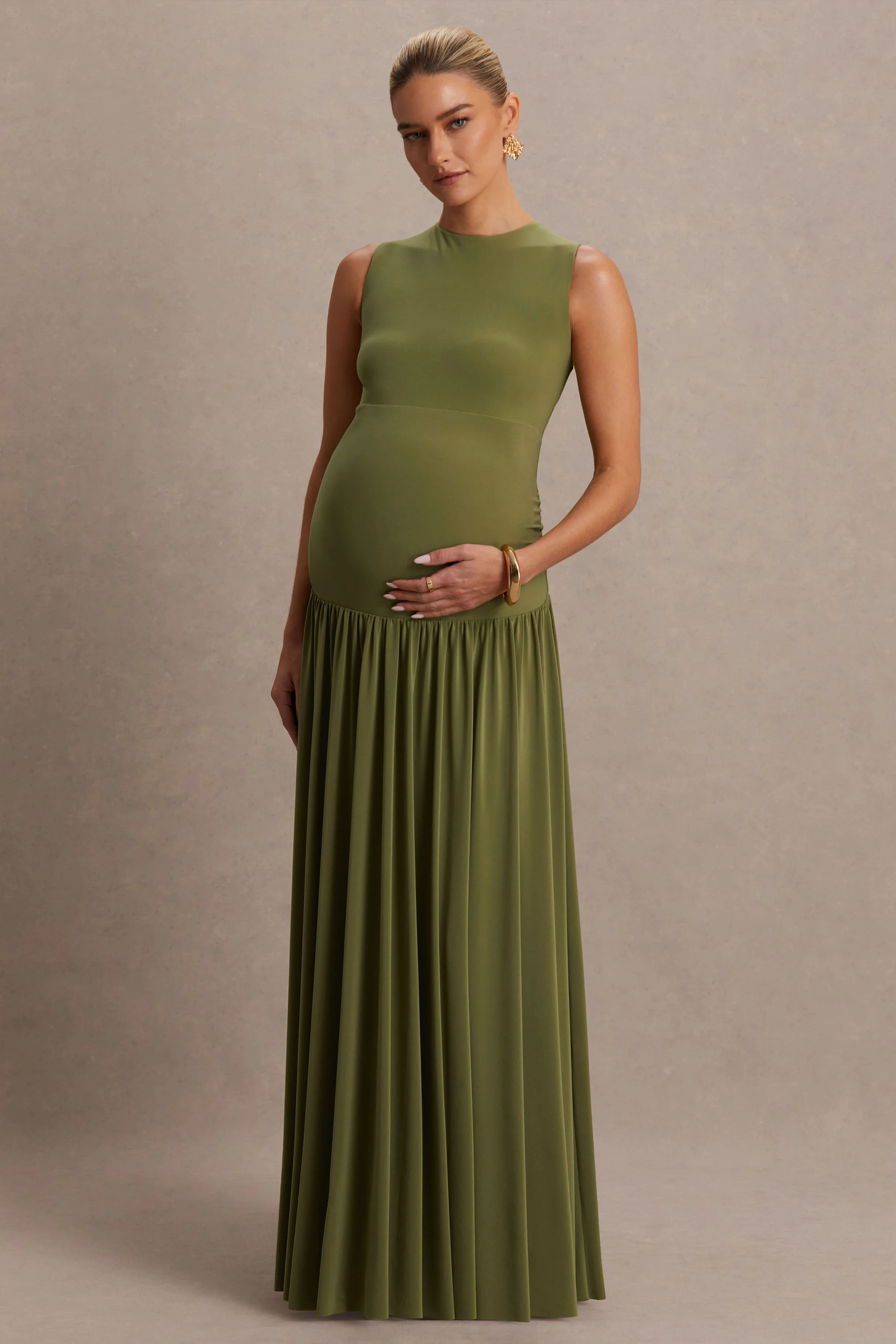Outline | Robe longue de maternité olive à col ras du cou et jupe drapée - Image 4
