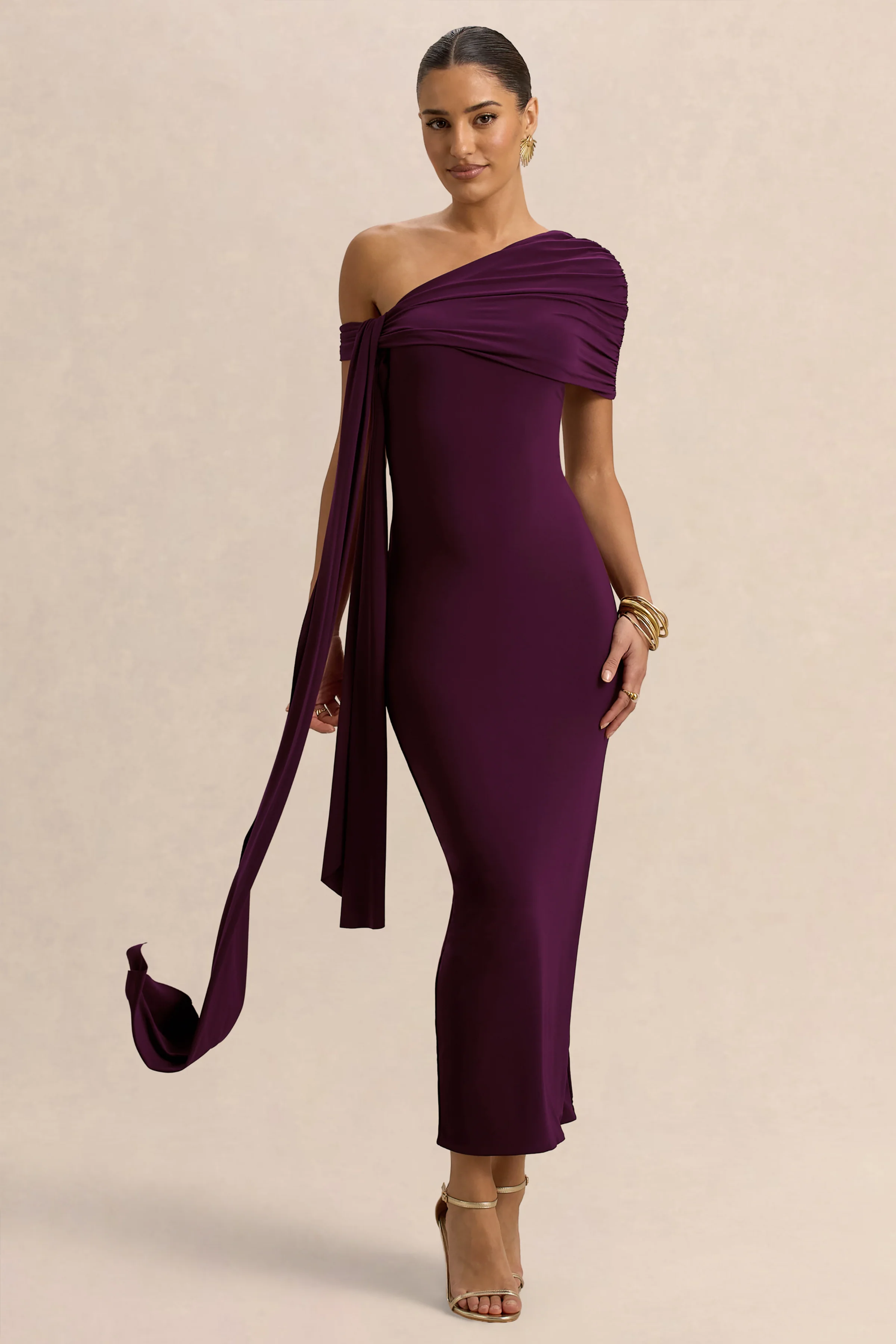 Praia | Robe mi-longue prune à décolleté asymétrique avec sash et détails drapés - Image 5