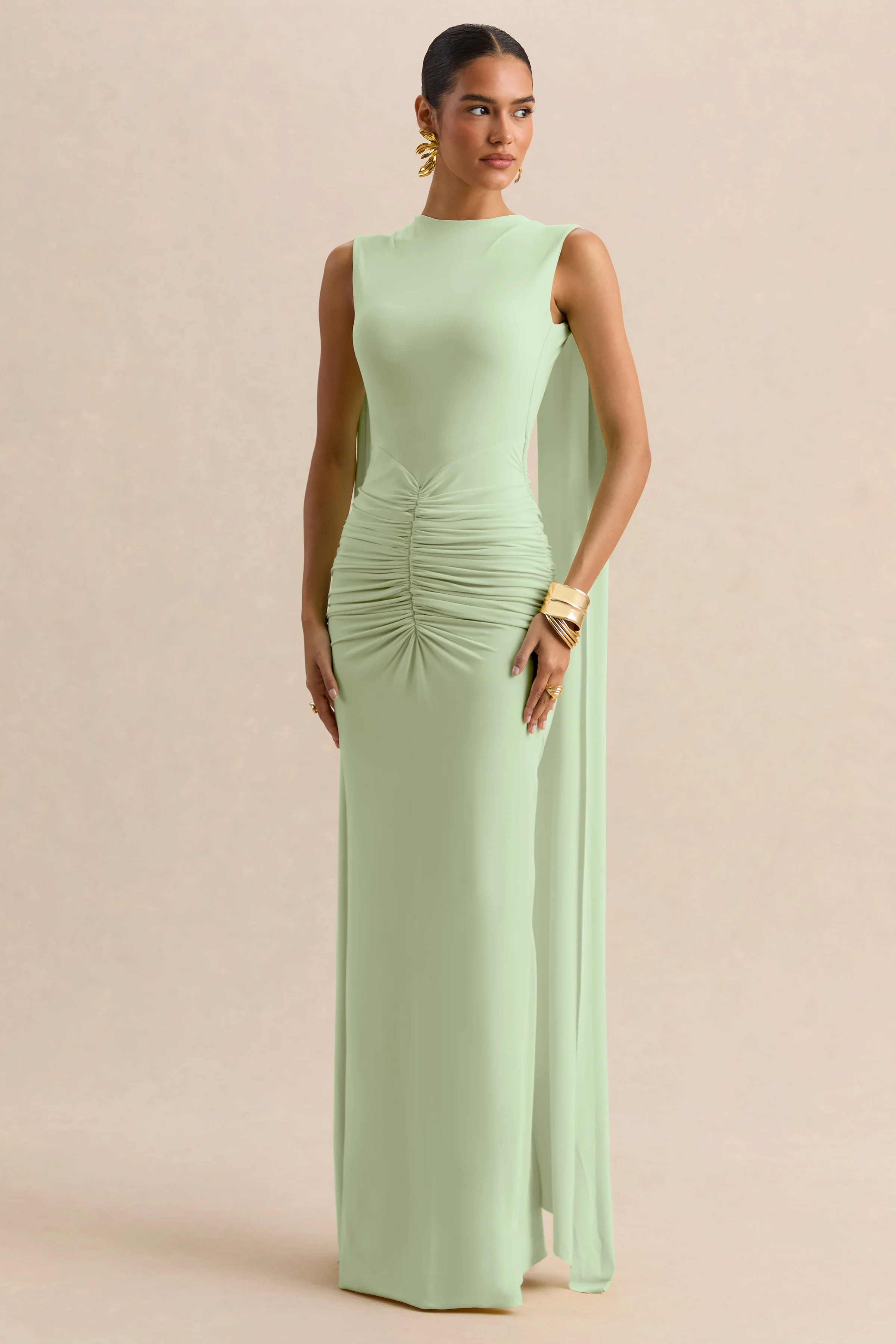 Premiere | Robe longue menthe à encolure bateau avec manches cape et dos ouvert - Image 5