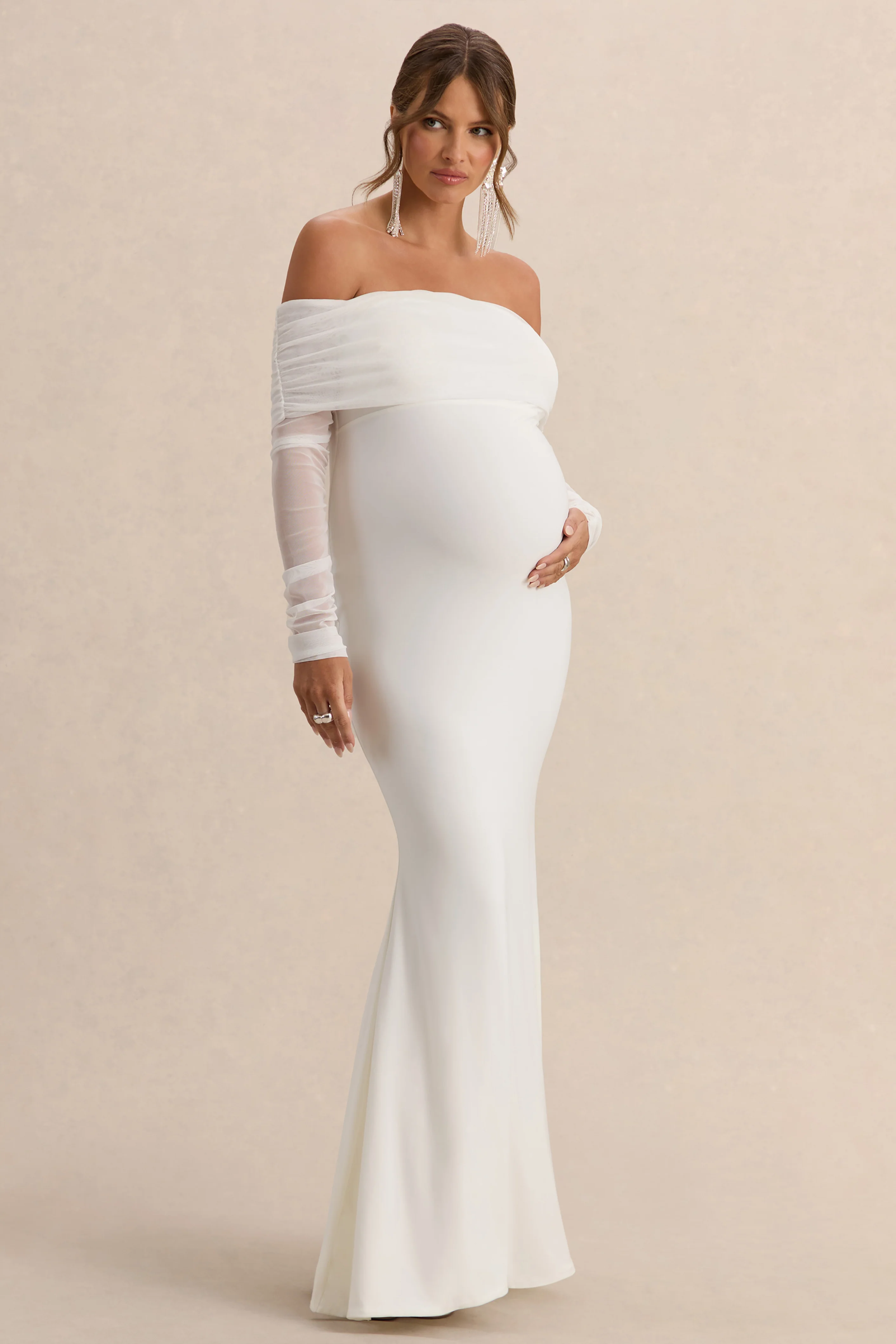 Pretty Perfect | Robe de maternité blanche longue bardot en tulle froncé - Image 5