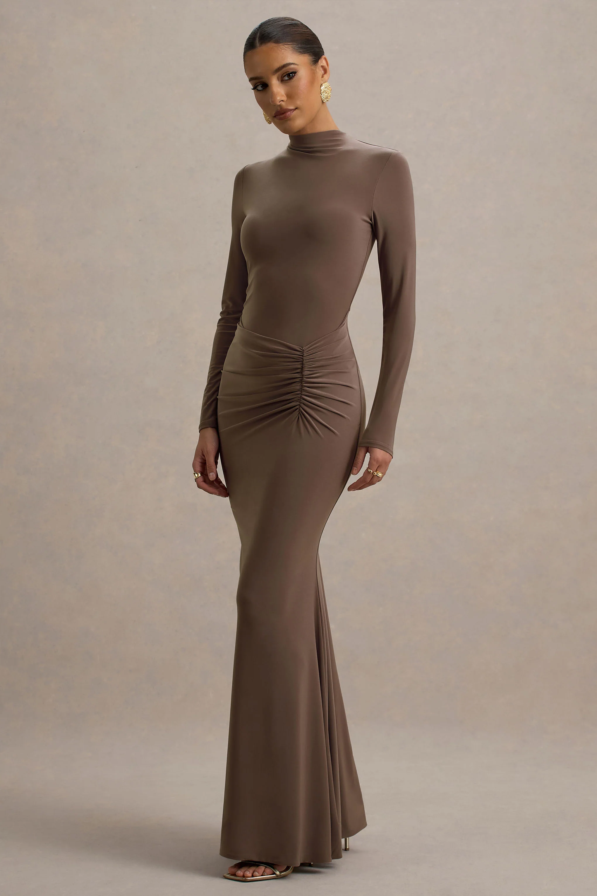 Reid | Robe longue marron à manches longues froncées - Image 5
