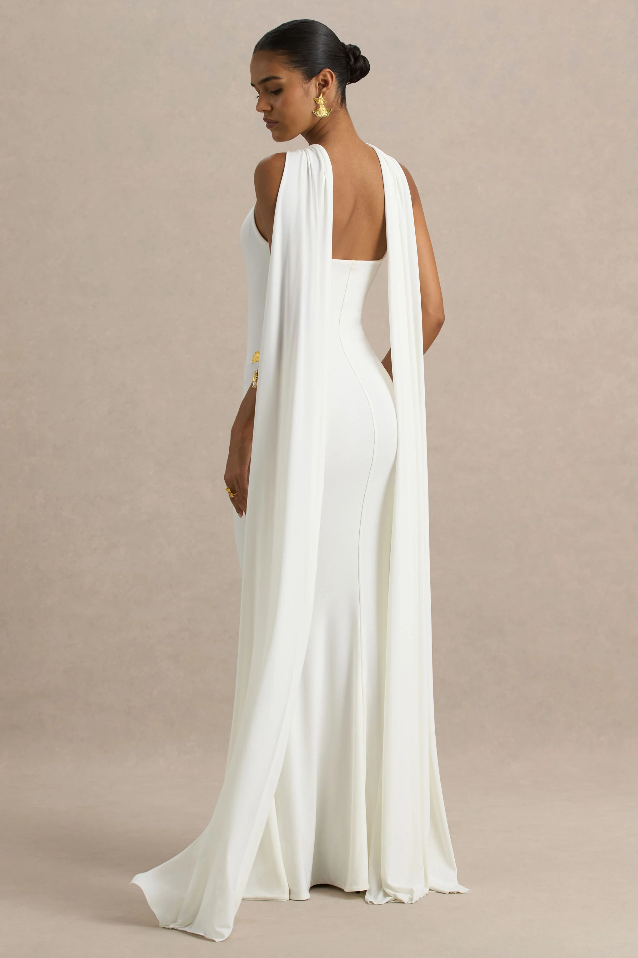 Rhoda | Robe longue blanche à col torsadé façon dos-nu avec drapé - Image 4