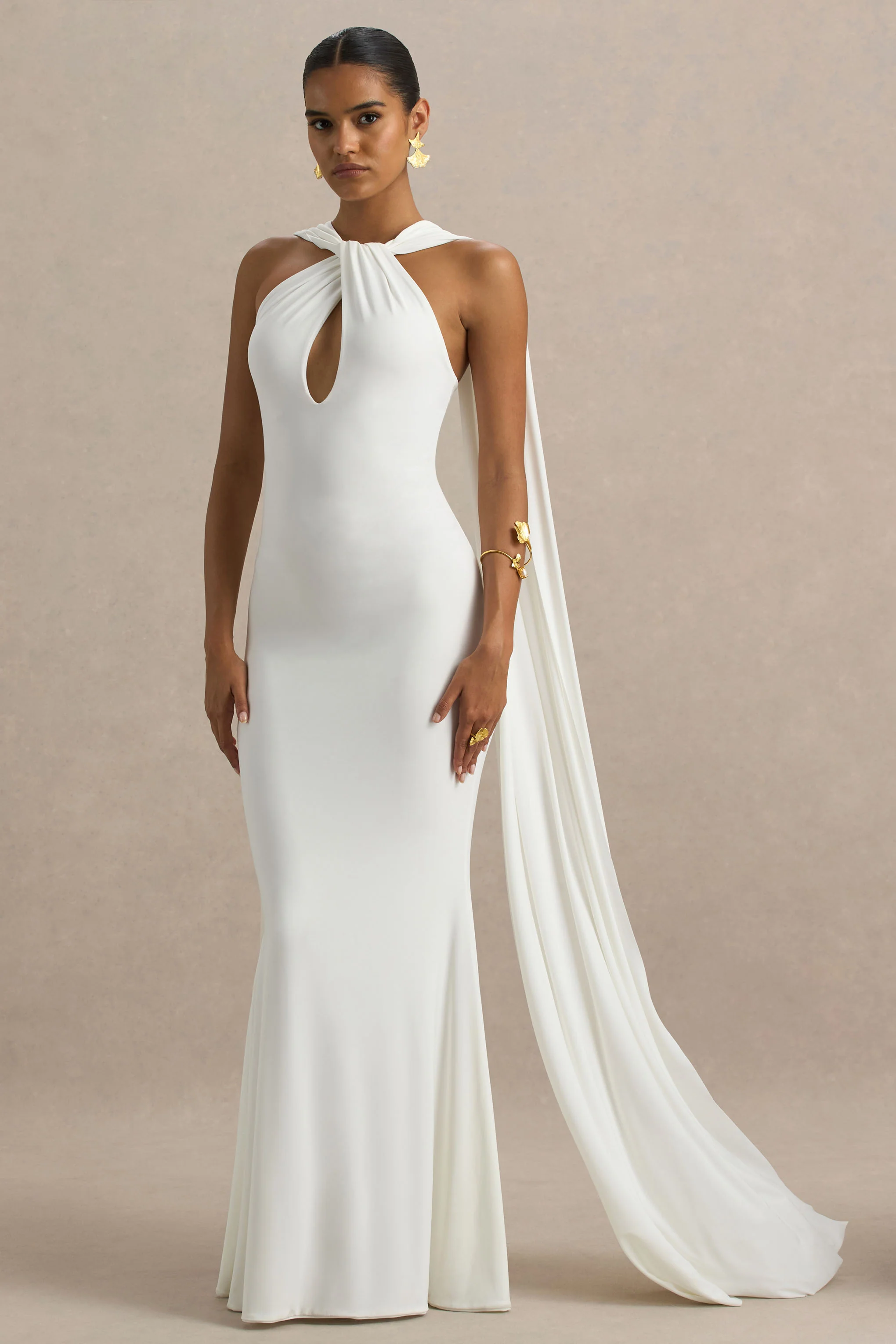 Rhoda | Robe longue blanche à col torsadé façon dos-nu avec drapé - Image 5
