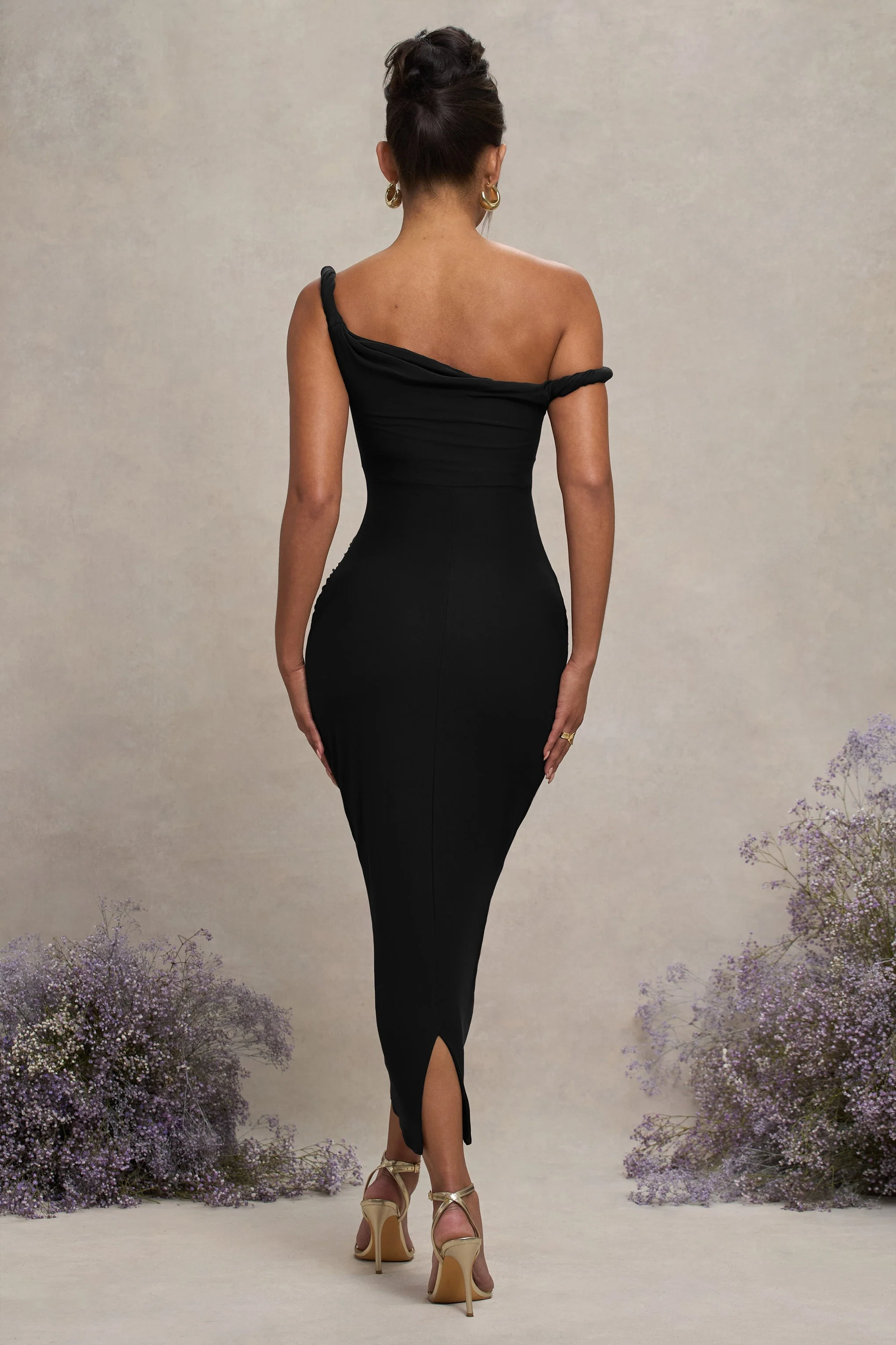 Salome | Robe Mi-Longue de Maternité Noire Asymétrique Torsadée - Image 4