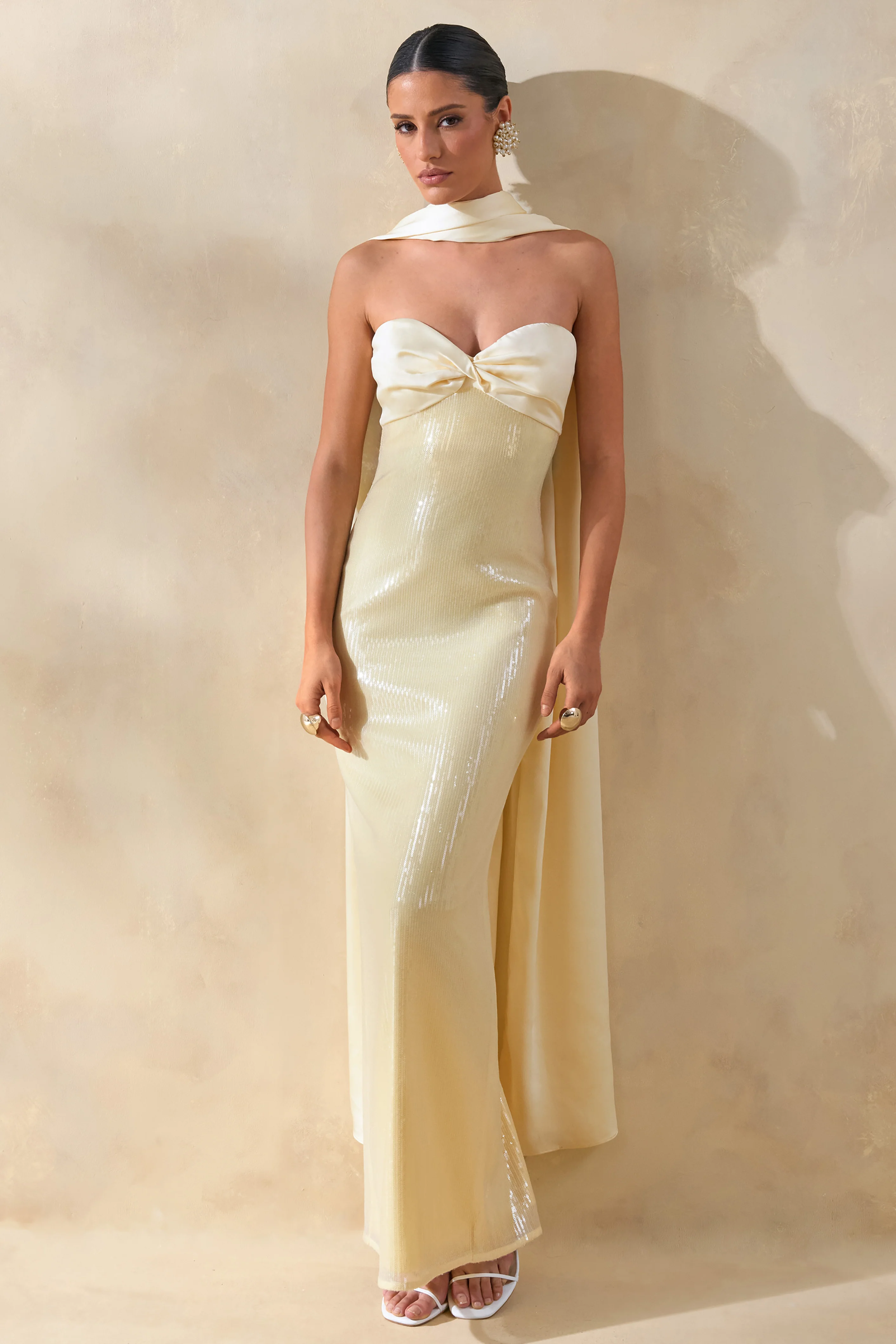 Stephanie | Robe longue bandeau citron avec foulard