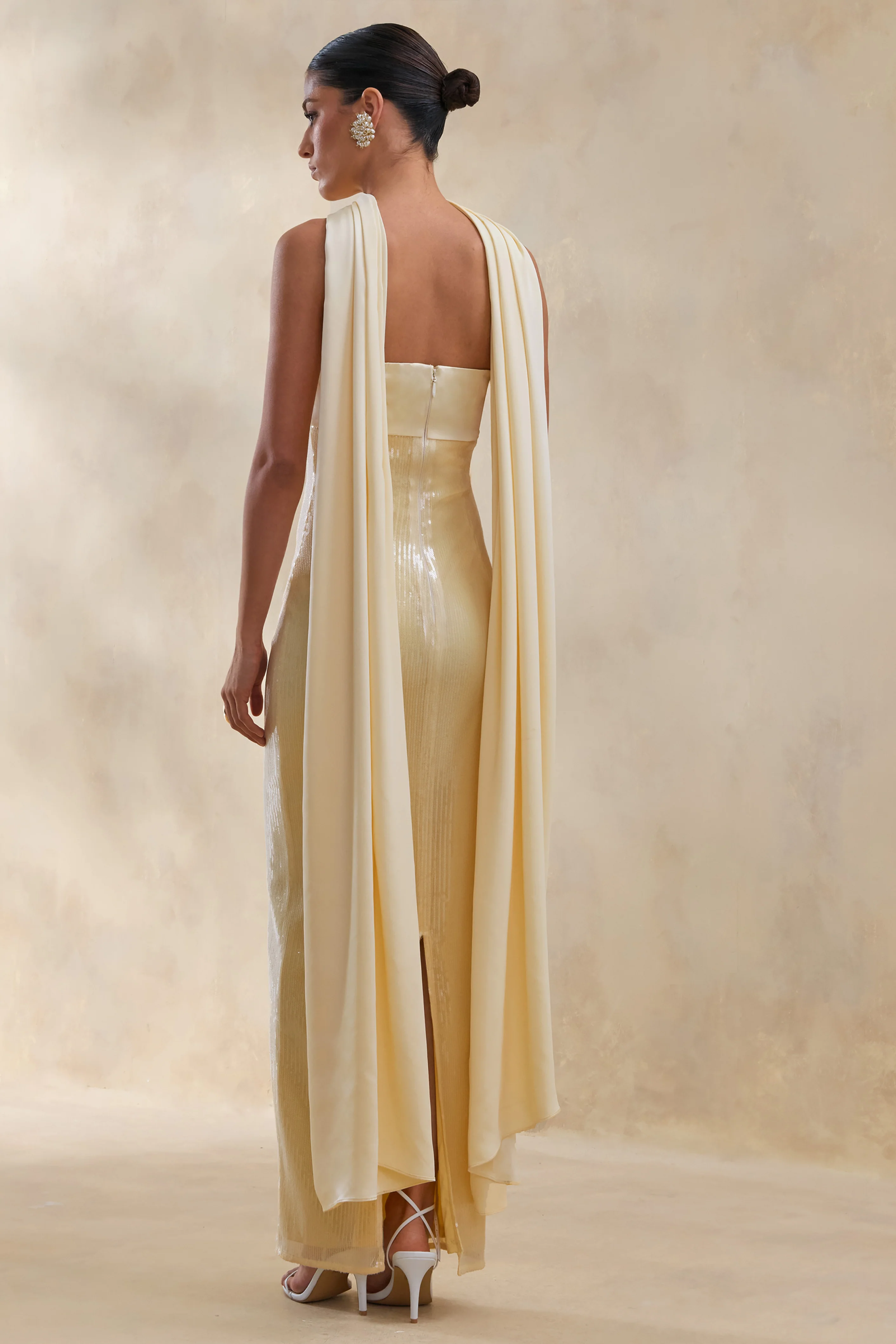 Stephanie | Robe longue bandeau citron avec foulard - Image 2