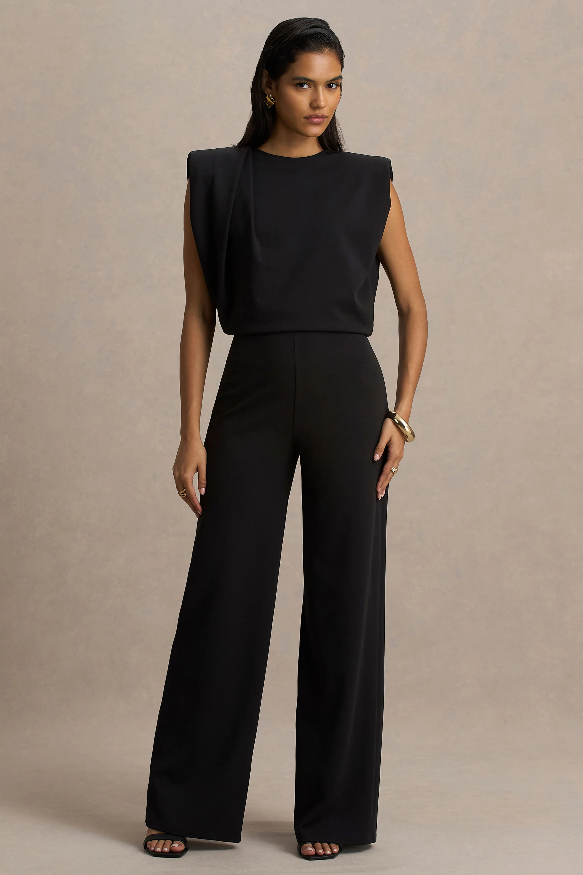 Tiff | Combinaison noire à buste drapé et pantalon à jambes larges - Image 5