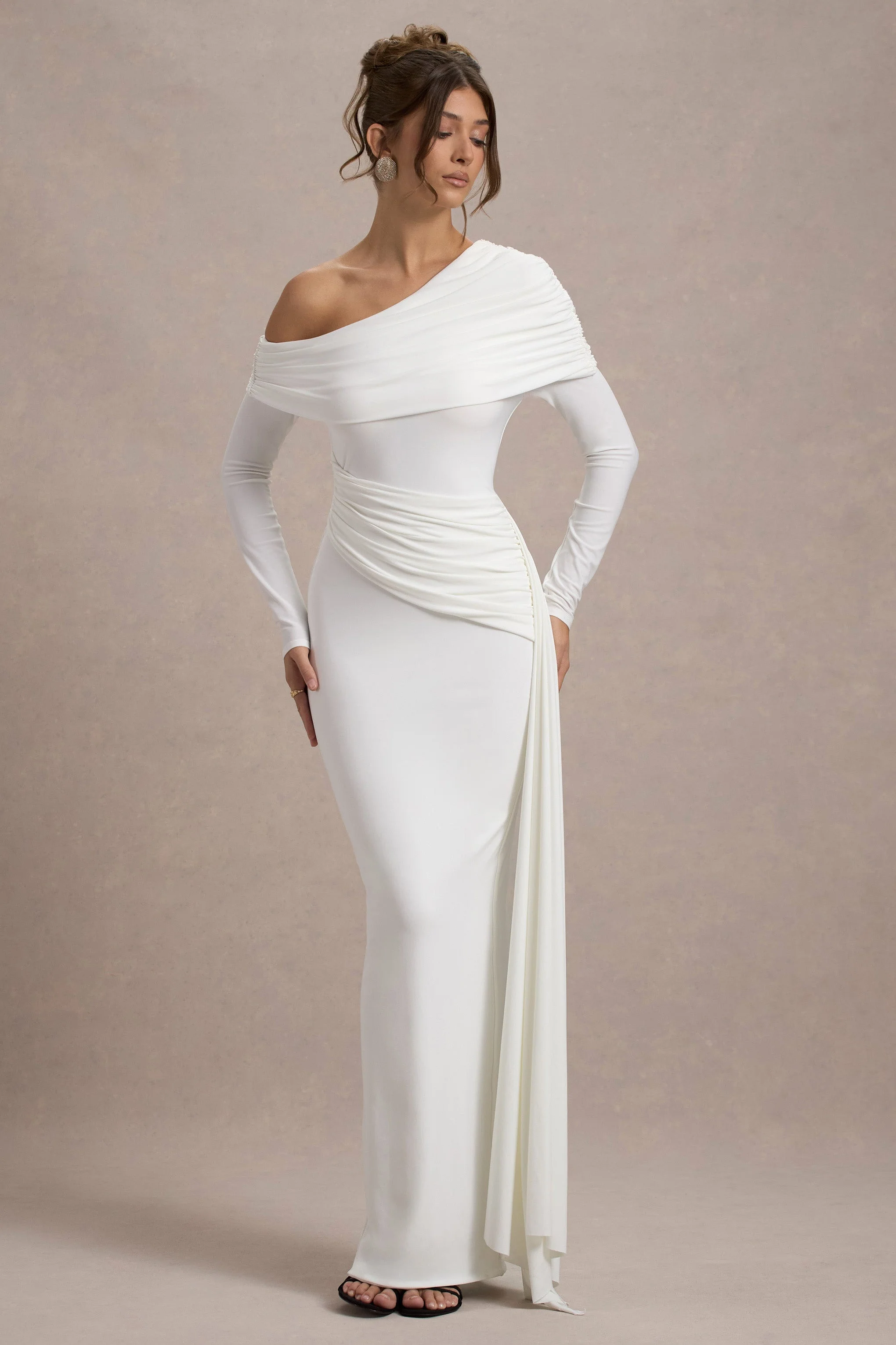 Valina | Robe longue asymétrique blanche froncée avec drapé - Image 5