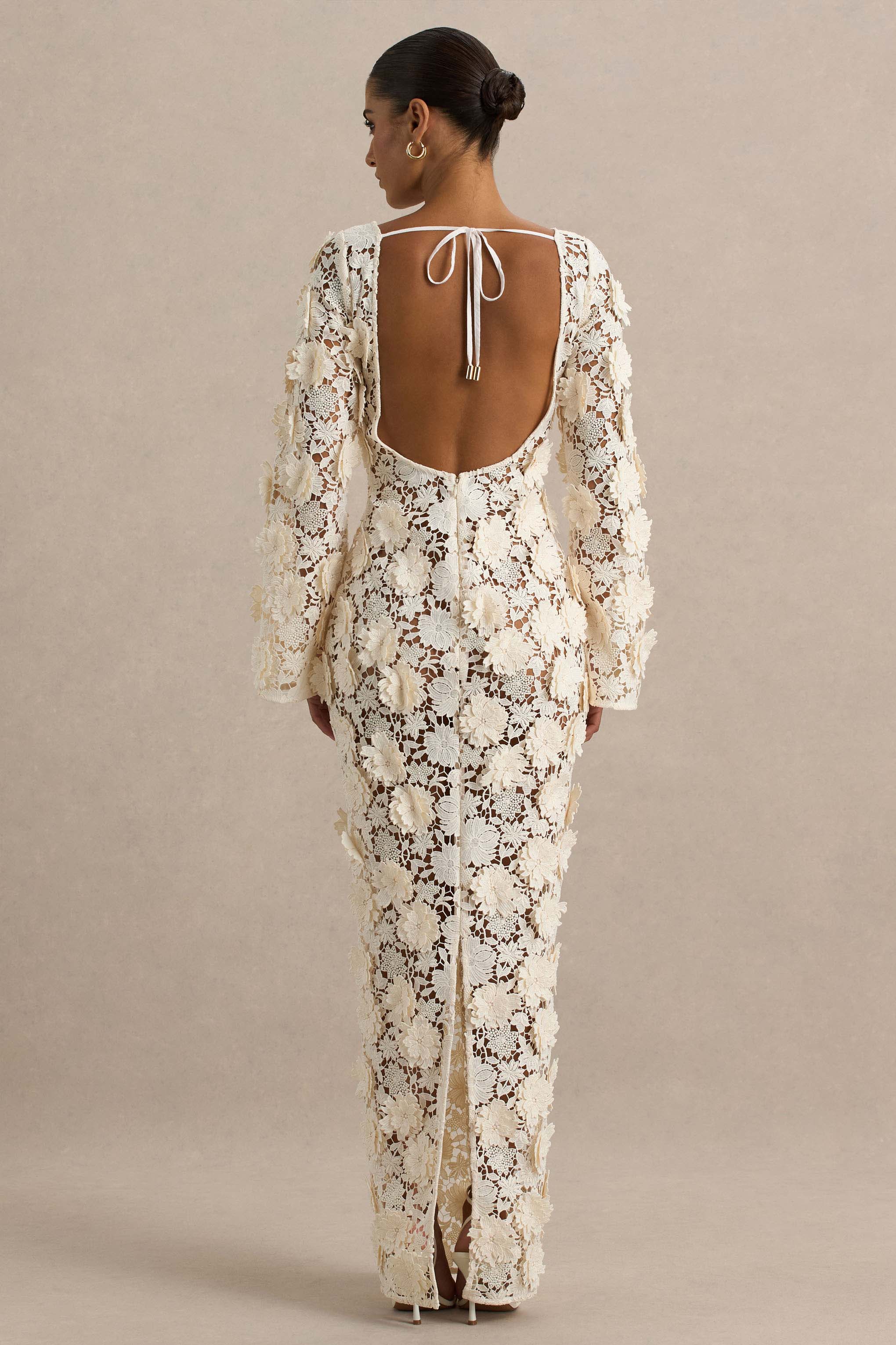 Viper | Robe longue en dentelle crème à manches longues - Image 3