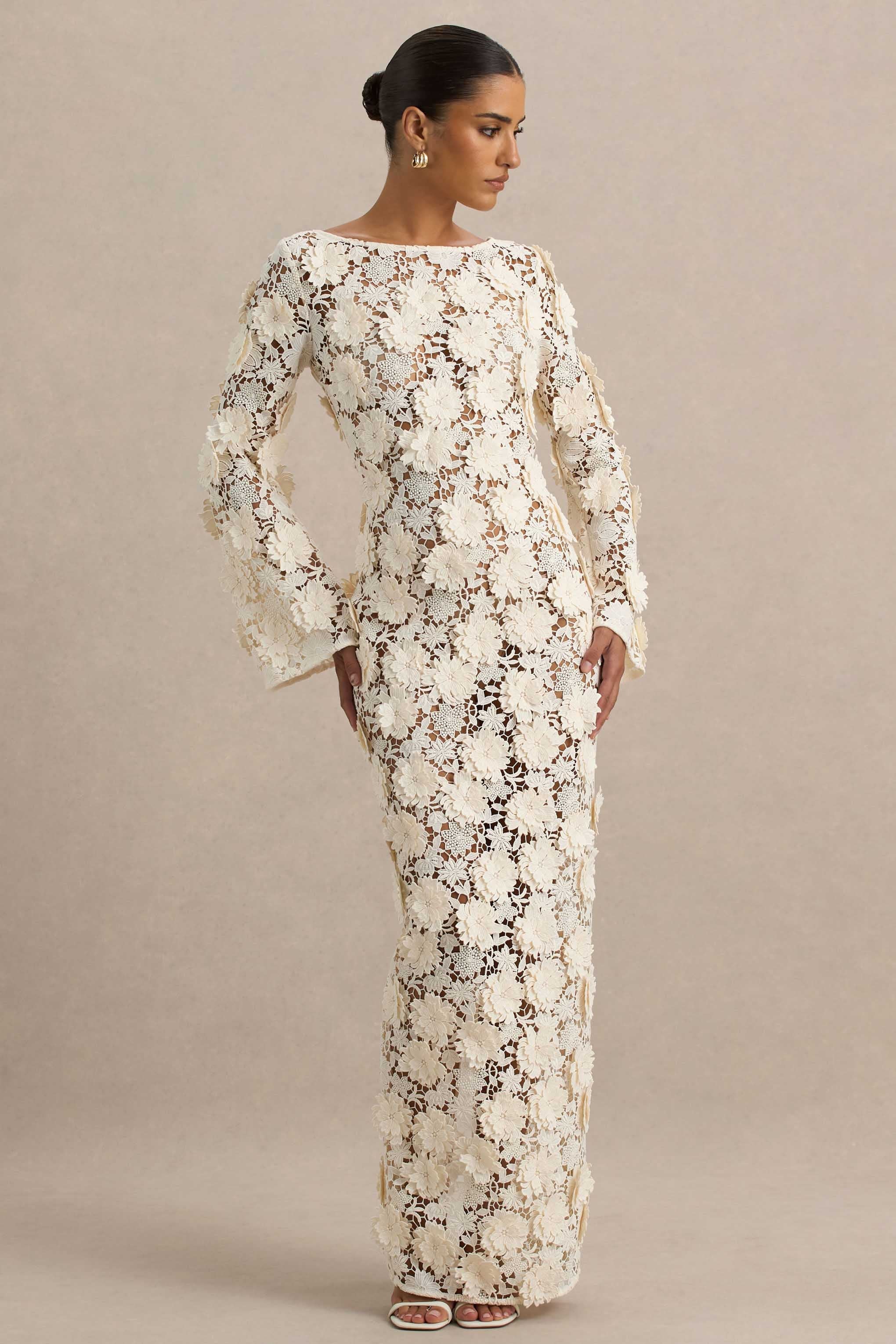 Viper | Robe longue en dentelle crème à manches longues - Image 5