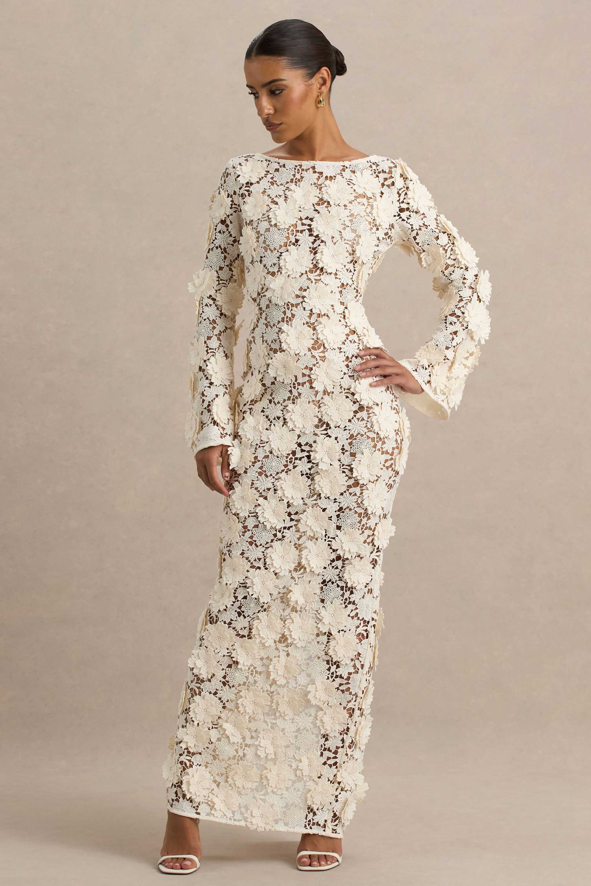 Viper | Robe longue en dentelle crème à manches longues - Image 6