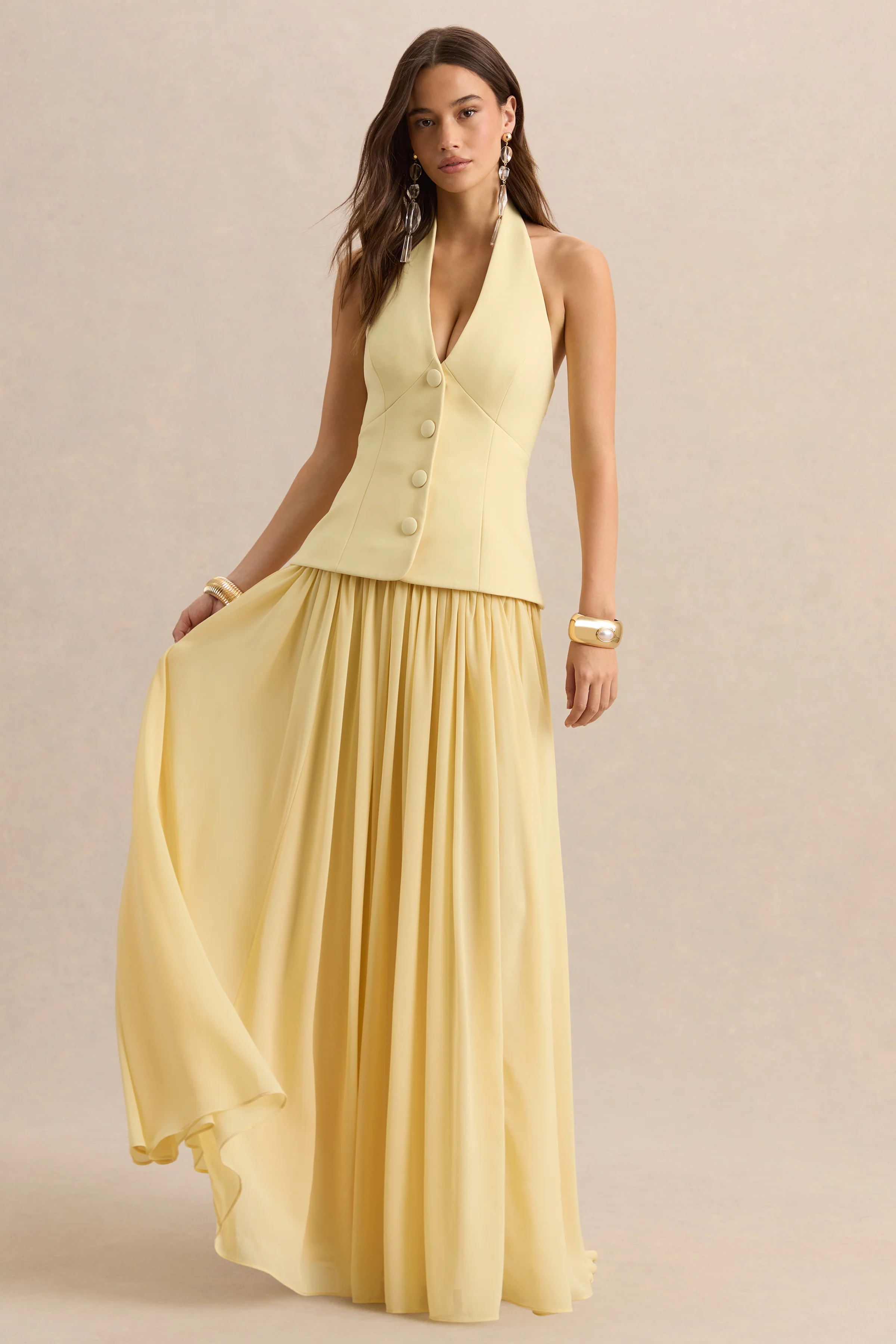 Zarina | Robe longue citron à décolleté plongeant